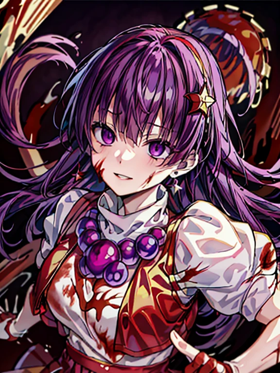 (masterpiece)、(highest quality)、(super detailed)、intricate details、athena 97、(1 girl)、solo、purple eyes、purple hair、hair length、white earrings、red hair band、star hair ornament、Medium breathing、red vest、white turtleneck、White Puff Sleeves、short sleeve、red pleated skirt、(Crimson pantyhose:1.2)、black pantyhose、yellow belt、purple spherical necklace、red fingerless gloves、white short socks、red shoes、evil smile、NSFW、cowboy shot、In the ruins、anime style、(Blood on the face:1.6)、(combat readiness:1.6)、hypnorolla、
empty eyes、full body,