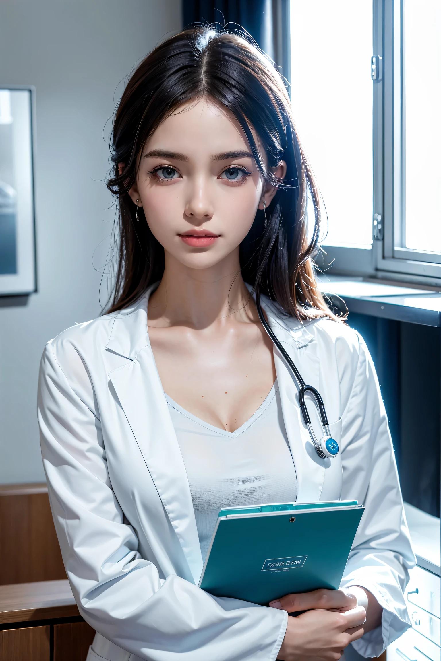 A beautiful female doctor in a professional clinic, (best quality, highres, ultra-detailed), with a crisp white lab coat, stethoscope around her neck, and a warm smile on her face. The doctor has well-defined eyes, a perfectly shaped nose, and luscious lips. Her eyes are captivating and convey confidence and compassion. The clinic is well-lit with natural light streaming in through large windows, creating a serene and inviting atmosphere.
The clinic is equipped with state-of-the-art medical equipment, including a sleek examination table and modern diagnostic instruments. The walls are adorned with informative medical charts and diagrams, providing a sense of knowledge and expertise. The doctor is surrounded by shelves filled with neatly organized medical books, highlighting her dedication to continuous learning and professionalism.
The color palette of the scene is bright and clean, with predominantly white and light blue tones, symbolizing purity and trust. The lighting is carefully balanced to ensure a comfortable and well-lit environment for both the doctor and the patients. The artwork is crafted with meticulous attention to detail, allowing for intricate rendering of the doctor's facial features and the clinic's interior.
The overall style of the artwork is realistic and photo-realistic, with a touch of artistic flair to enhance the visual appeal. The emphasis is on capturing the essence of a dedicated healthcare professional and the importance of providing quality medical care. The artwork exudes professionalism, expertise, and compassion, reflecting the commitment of the doctor to her profession and the well-being of her patients.