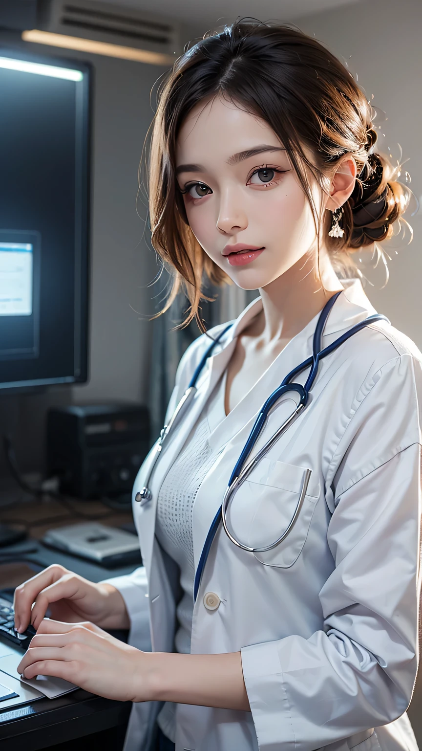 A beautiful female doctor in a professional clinic, (best quality, highres, ultra-detailed), with a crisp white lab coat, stethoscope around her neck, and a warm smile on her face. The doctor has well-defined eyes, a perfectly shaped nose, and luscious lips. Her eyes are captivating and convey confidence and compassion. The clinic is well-lit with natural light streaming in through large windows, creating a serene and inviting atmosphere.
The clinic is equipped with state-of-the-art medical equipment, including a sleek examination table and modern diagnostic instruments. The walls are adorned with informative medical charts and diagrams, providing a sense of knowledge and expertise. The doctor is surrounded by shelves filled with neatly organized medical books, highlighting her dedication to continuous learning and professionalism.
The color palette of the scene is bright and clean, with predominantly white and light blue tones, symbolizing purity and trust. The lighting is carefully balanced to ensure a comfortable and well-lit environment for both the doctor and the patients. The artwork is crafted with meticulous attention to detail, allowing for intricate rendering of the doctor's facial features and the clinic's interior.
The overall style of the artwork is realistic and photo-realistic, with a touch of artistic flair to enhance the visual appeal. The emphasis is on capturing the essence of a dedicated healthcare professional and the importance of providing quality medical care. The artwork exudes professionalism, expertise, and compassion, reflecting the commitment of the doctor to her profession and the well-being of her patients.