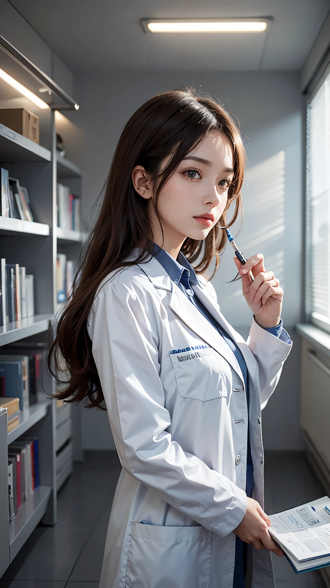 A beautiful female doctor in a professional clinic, (best quality, highres, ultra-detailed), with a crisp white lab coat, stethoscope around her neck, and a warm smile on her face. The doctor has well-defined eyes, a perfectly shaped nose, and luscious lips. Her eyes are captivating and convey confidence and compassion. The clinic is well-lit with natural light streaming in through large windows, creating a serene and inviting atmosphere.
The clinic is equipped with state-of-the-art medical equipment, including a sleek examination table and modern diagnostic instruments. The walls are adorned with informative medical charts and diagrams, providing a sense of knowledge and expertise. The doctor is surrounded by shelves filled with neatly organized medical books, highlighting her dedication to continuous learning and professionalism.
The color palette of the scene is bright and clean, with predominantly white and light blue tones, symbolizing purity and trust. The lighting is carefully balanced to ensure a comfortable and well-lit environment for both the doctor and the patients. The artwork is crafted with meticulous attention to detail, allowing for intricate rendering of the doctor's facial features and the clinic's interior.
The overall style of the artwork is realistic and photo-realistic, with a touch of artistic flair to enhance the visual appeal. The emphasis is on capturing the essence of a dedicated healthcare professional and the importance of providing quality medical care. The artwork exudes professionalism, expertise, and compassion, reflecting the commitment of the doctor to her profession and the well-being of her patients.