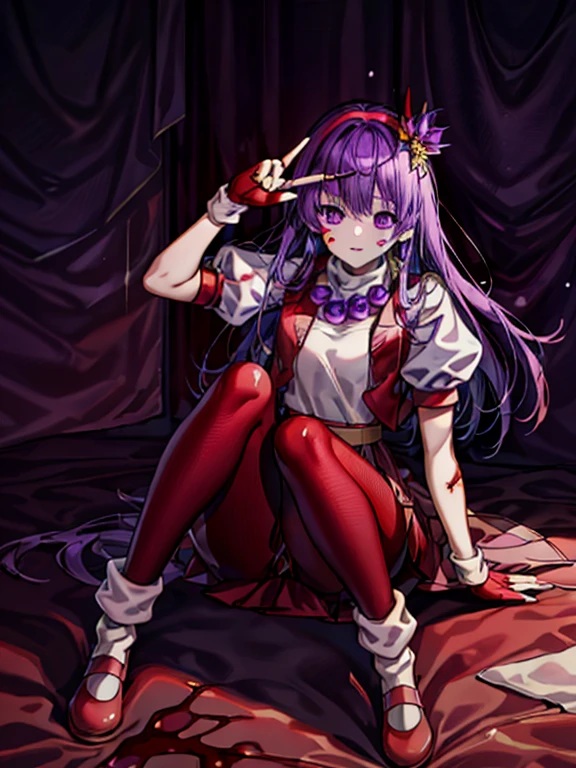 (masterpiece)、(highest quality)、(super detailed)、intricate details、athena 97、(1 girl)、solo、purple eyes、purple hair、hair length、white earrings、red hair band、star hair ornament、Medium breathing、red vest、white turtleneck、White Puff Sleeves、short sleeve、red pleated skirt、(Crimson pantyhose:1.2)、black pantyhose、yellow belt、purple spherical necklace、red fingerless gloves、white short socks、red shoes、evil smile、NSFW、In the ruins、anime style、(Blood on the face:1.6)、(combat readiness:1.6)、hypnorolla、
empty eyes、full body,
