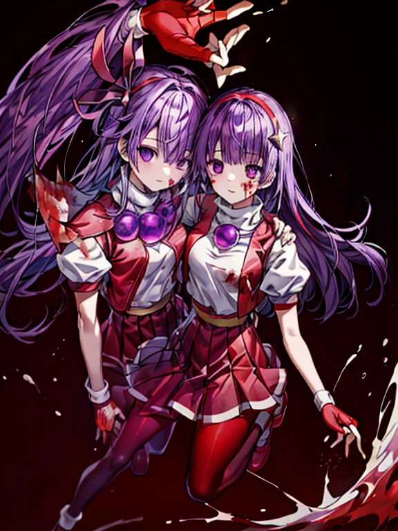 (masterpiece)、(highest quality)、(super detailed)、intricate details、athena 97、(1 girl)、solo、purple eyes、purple hair、hair length、white earrings、red hair band、star hair ornament、Medium breathing、red vest、white turtleneck、White Puff Sleeves、short sleeve、red pleated skirt、(Crimson pantyhose:1.2)、black pantyhose、yellow belt、purple spherical necklace、red fingerless gloves、white short socks、red shoes、evil smile、NSFW、In the ruins、anime style、(Blood on the face:1.6)、(combat readiness:1.6)、hypnorolla、
empty eyes、full body,