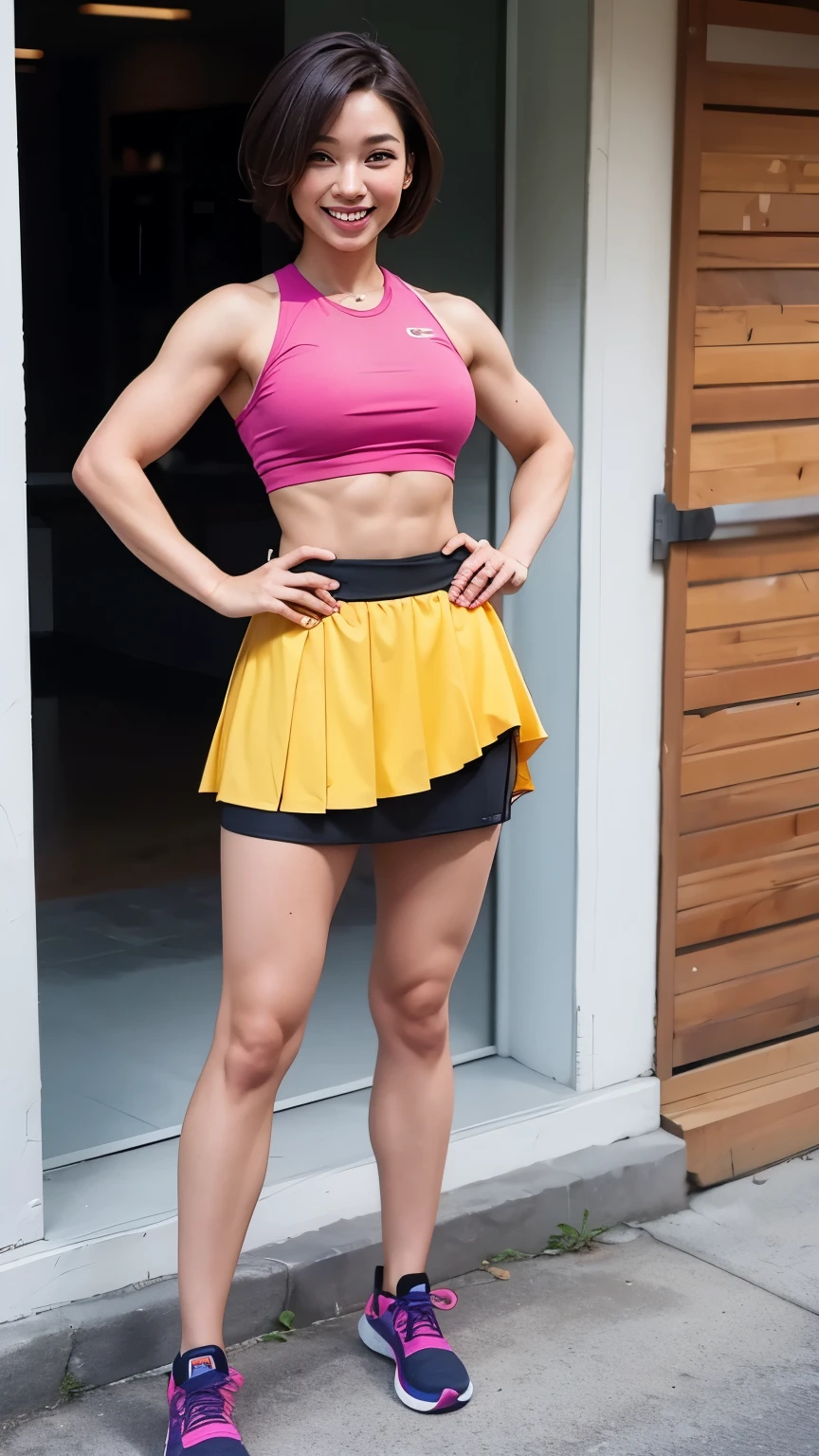 Wearing a white sports skirt,Female fitness blogger,shoulder-length short hair,Avatars,Live online,full-body shot,Look ahead,Smile