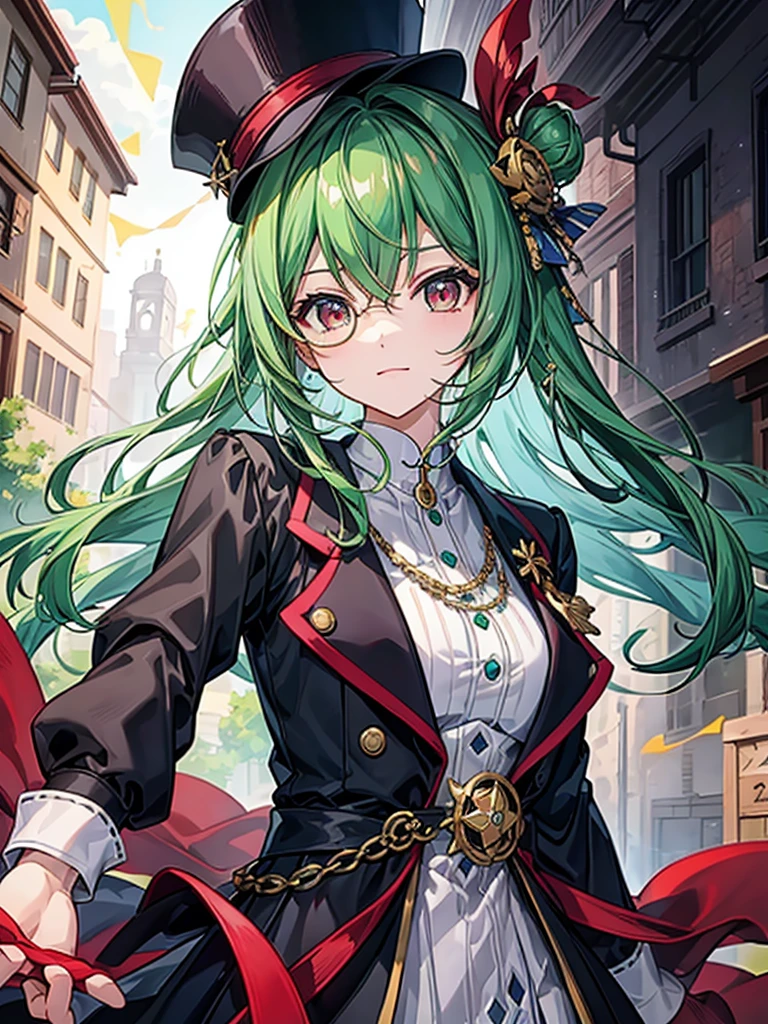 （（（masterpiece、Highest image quality、highest quality、highly detailed unity 8ｋwallpaper）））、（（Illustration of one girl、upper body））、（（（beautiful girl）））、（Emerald green hair、sidelocks：1.2、red eyes）、（（（crazy smile）））、monocle、pocket watch、（（（Black top hat、tuxedo）））、grand library