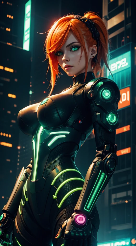 robot girl, hand, green eyes, Cyberpunk city setting, neon lights, orange hair, masterpiece, Ultra high detail
