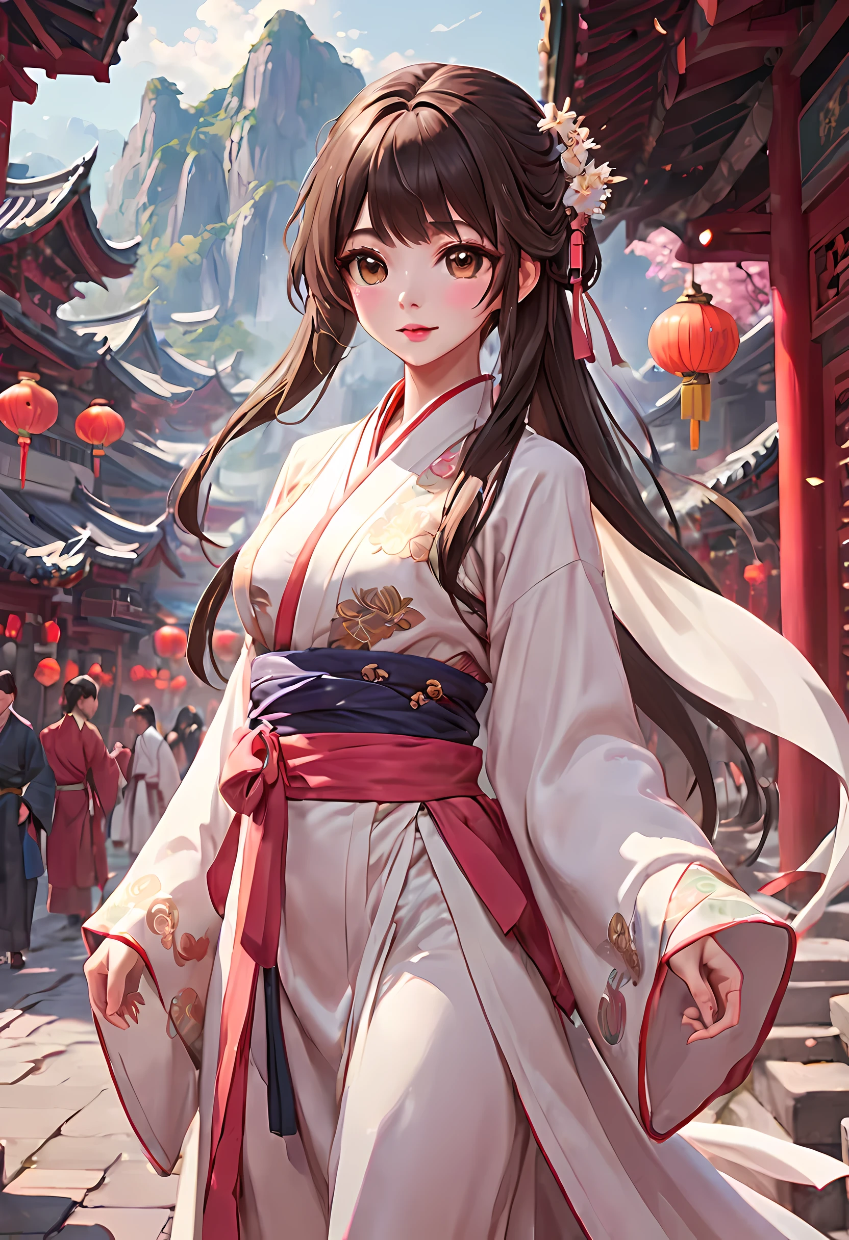 (best quality,masterpiece:1.2),(perfect face:1.5),(Bright Eyes:1.3),Animation scene of a beautiful girl wearing Hanfu walking on a busy street,smiling,(Palace and majestic tower atop the waterfall),(low angle shot:1.2),Taoist,(Detailed Hanfu:1.3),guweiz style artwork, Anime Fantasy Illustration, 2.5d cgi anime fantasy artwork, anime fantasy artwork, anime art wallpaper 4k, anime art wallpaper 4k, anime style 4k, Chinese fantasy, fantasy art style, A beautiful artistic illustration, Anime Fantasy Illustration, beautiful fantasy art