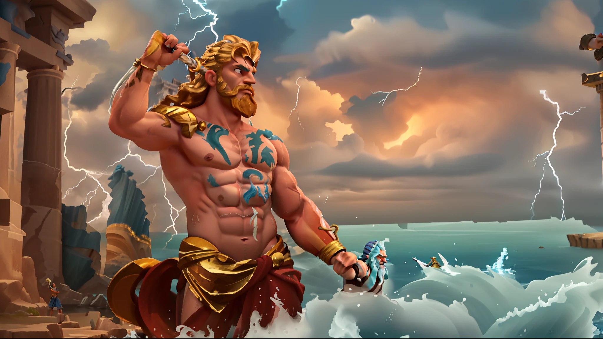 arafed pose of a man with a sword and a body of water, the god poseidon, epic scene of zeus, greek myth digital painting, furious god zeus, the sea and storms behind him, poseidon, the god zeus, greek god, greek mythology characters, the god of the sea, zeus, painted portrait of rugged zeus, greek gods, greek mythology