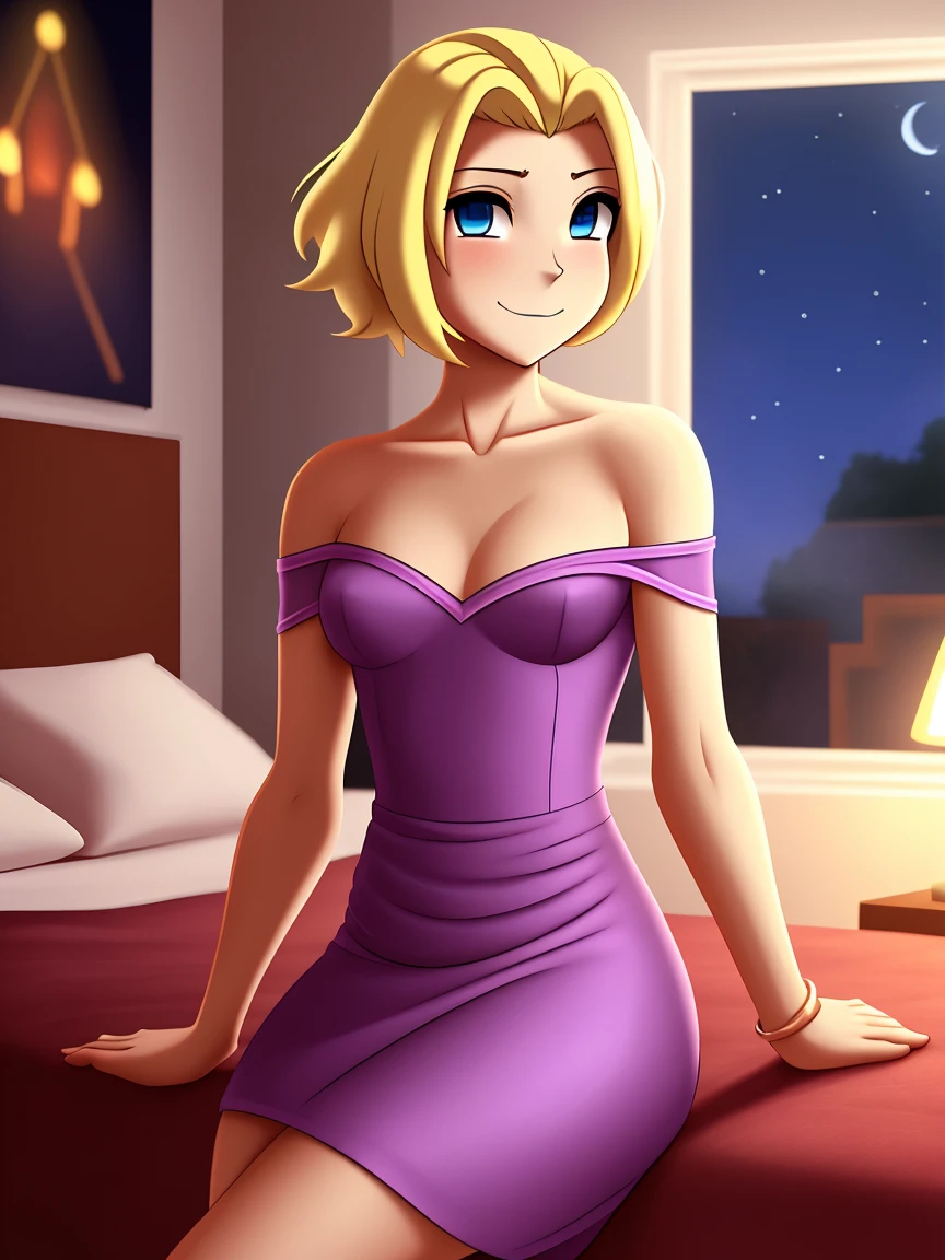 crossdressing, anime, beauty, mature female, small breasts, short hair, blonde hair, blue eyes, woman dredd, off shoulder dress, bedroom, sit, night,