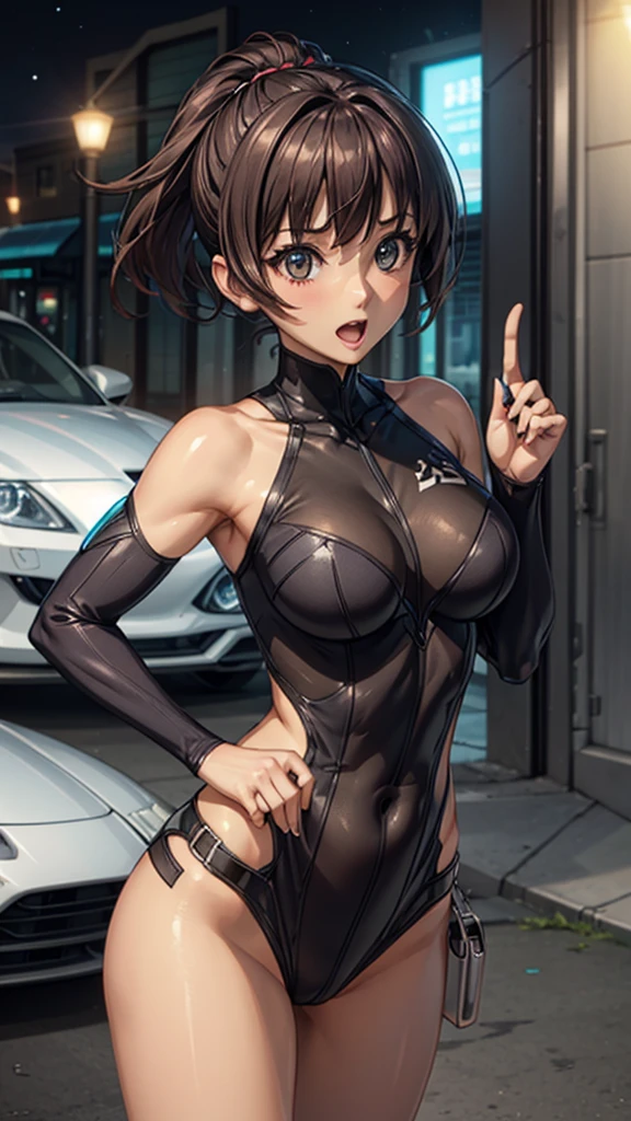 woman,,,city,night,white tight miniskirt bodysuit,(Harada Makoto),open mouth smile((See-through)),((Baby girl body shape)),glasses,long hair