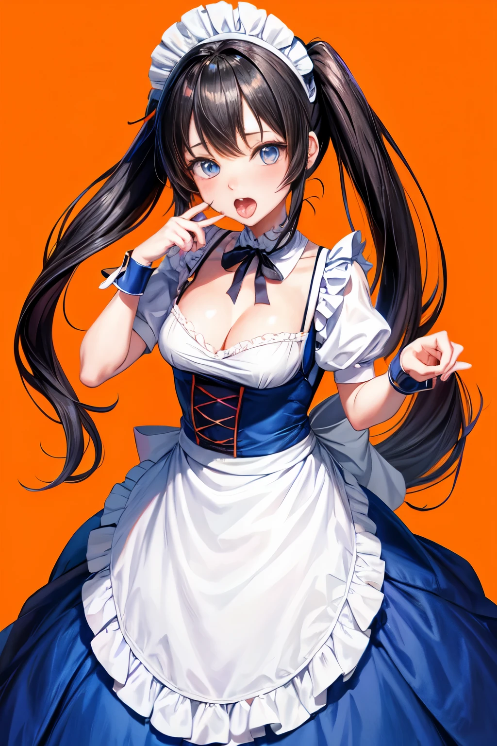 there is a drawing of a female anime character biting her finger through food, 1girl, solo, breasts, tongue, blue eyes, maid headdress, tongue out, cleavage, open mouth, looking at viewer, black hair, maid, , saliva, orange background, blush, Full body, frills, wrist cuffs, bangs
((kiddie, JC,littlegirl,kodomo))