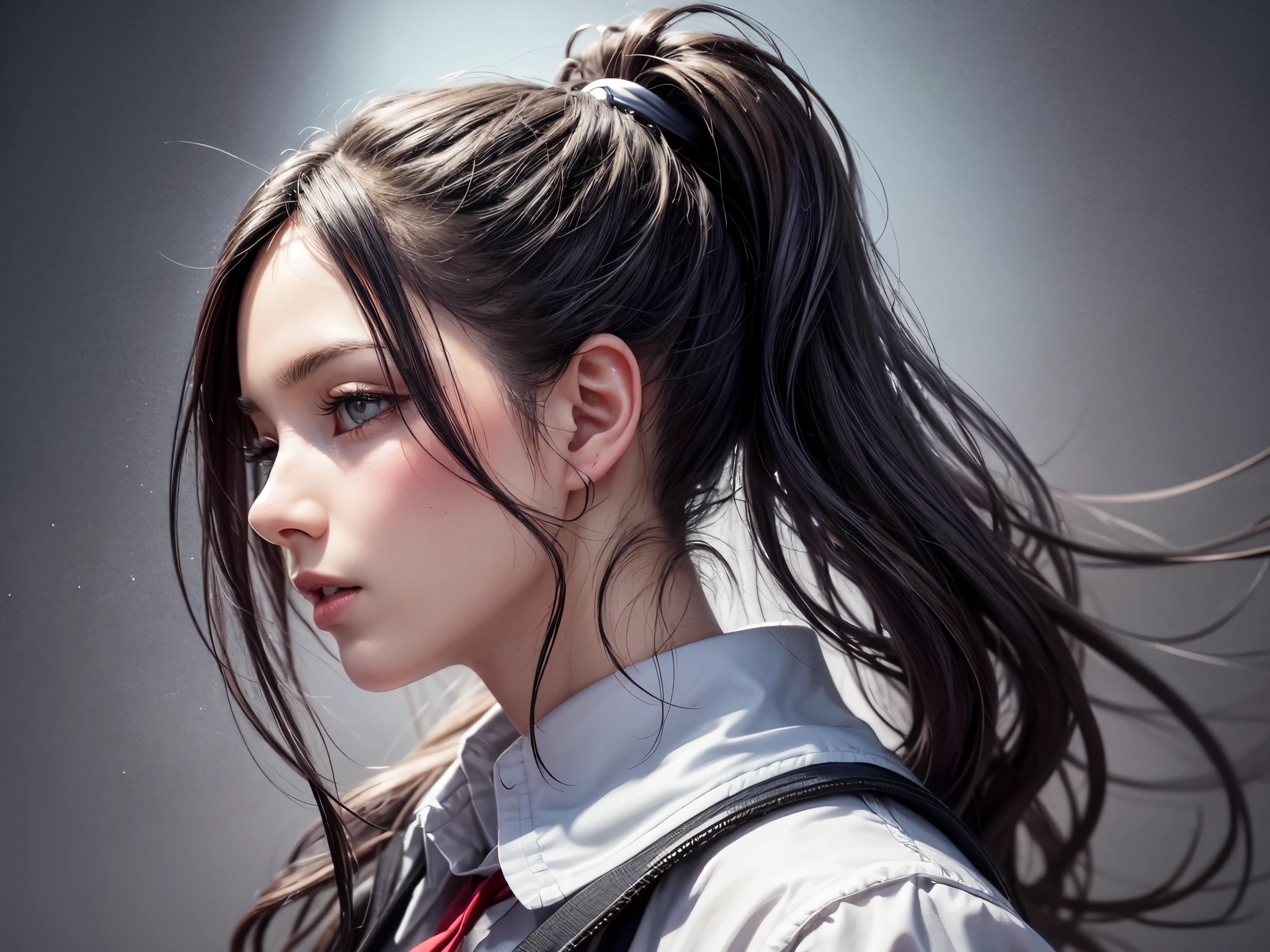 landscape, battle woman, midnight, Impressive, black hair, ponytail, shiny hair, beautiful face, beautiful eyes , dynamic lighting, hyperrealism, super fine realistic, masterpiece, accurate, 8K, best quality, super details, high resolution, darkness