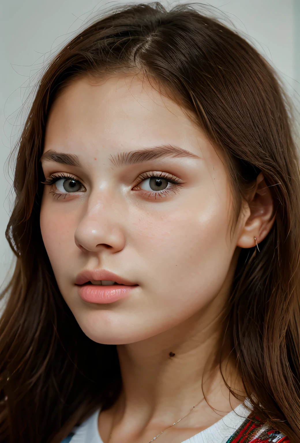 Beautiful Russian Teen girl face portrait. Perfect face shape. Jaw lines. Aggressive nose. Looking at viewer.