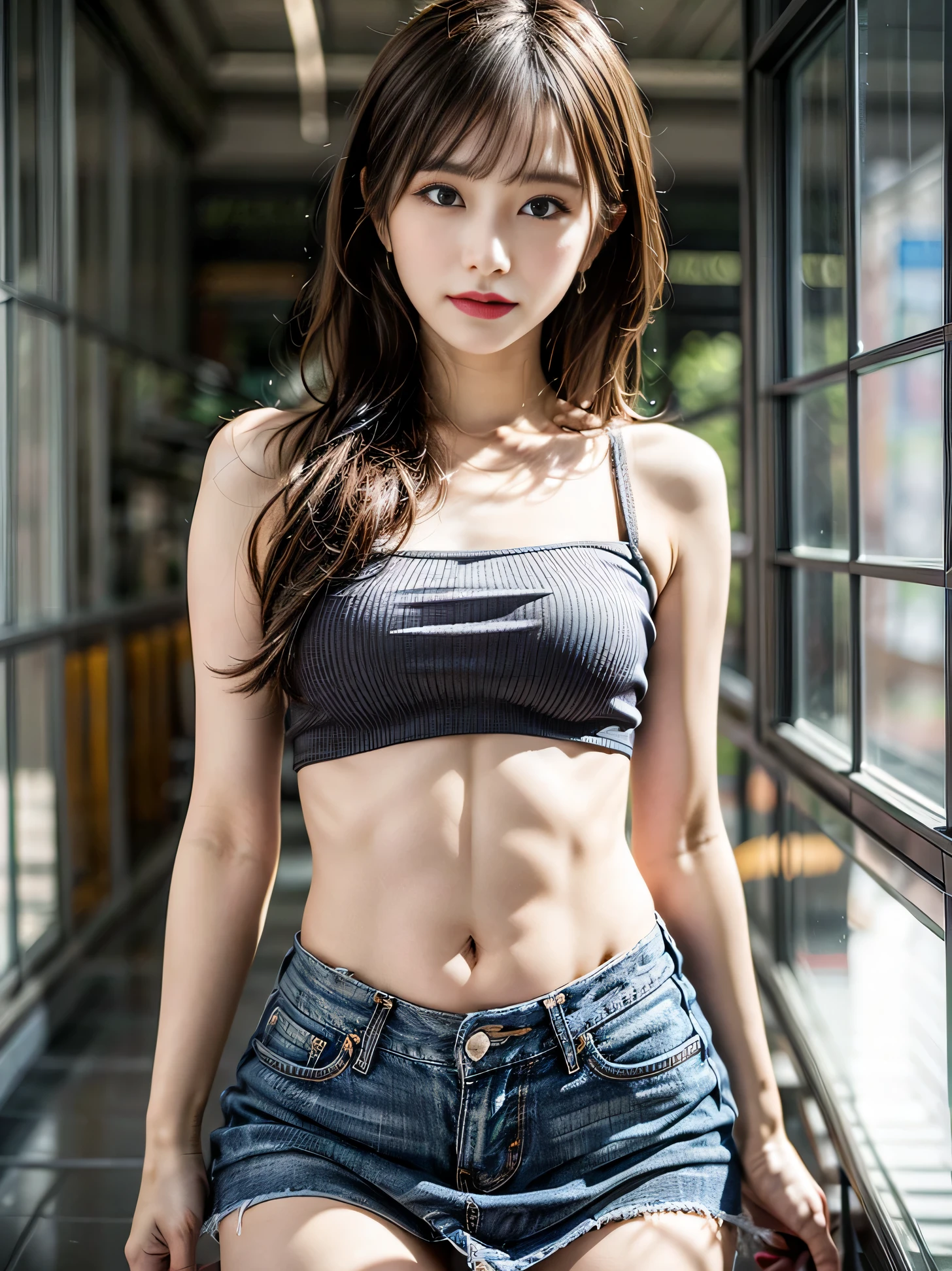 1 girl，20 years old, Height 165cm、body coordination、Proportions are well-proportioned、standing beside window，sideways，raised buttocks，Bright backLight, alone, {Beautiful eyes details 1.3）（round eyes：1.8） , Highly detailed facial and skin textures, Natural and soft Light, dark brown hair，natural drape, Exquisite facial features, blunt bangs, beautiful korean girl, 眼睛have神, smile very happily 、(She wore a delicate lilac tube top:1.3)、 (She is wearing an exquisite ultra-short low-waisted denim skirt:1.3)、navel-baring outfit、Men have small waists、E杯、Deep V cut，film grain，sexy pose，Photograph of the body above the knee，long legs，masterpiece, best quality, Light, super detailed,, ultra high resolution, 8k wallpaper, Perfect dynamic composition, Exquisite facial features，It's a perfect face,Facing the peak of sexual arousal, looking at the audience，hair natural，Fragrant shoulders，clavicle，Ultimate Light and shadow，Wear delicate earrings，have，(Skin texture is extremely delicate1.3), (perfect details: 1.1),Looks a lot like actor Zheng Shuang，Place your hands behind your body、