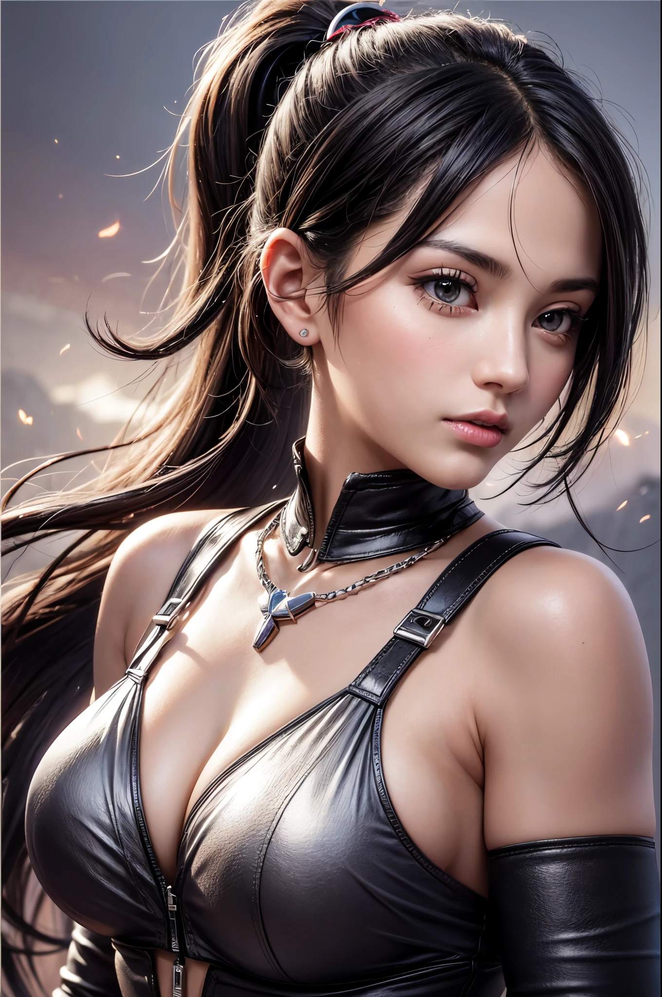 landscape, battle woman, midnight, Impressive, black hair, ponytail, shiny hair, beautiful face, beautiful eyes , dynamic lighting, hyperrealism, super fine realistic, masterpiece, accurate, 8K, best quality, super details, high resolution, darkness