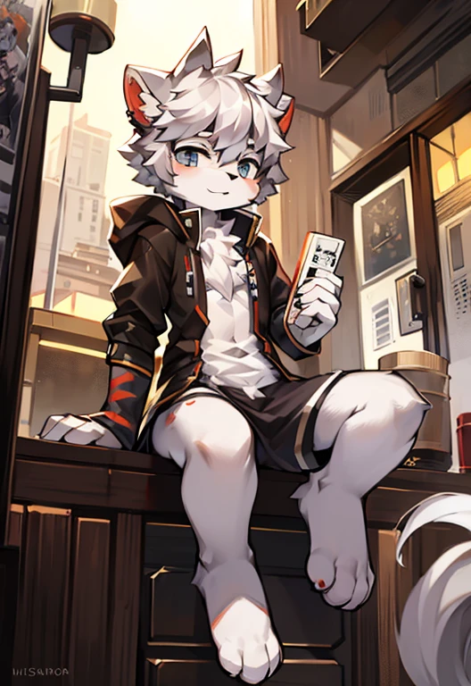 best quality, masterpiece, high resolution, no clothes are worn,Gray and white fur, silver hair and different eyes