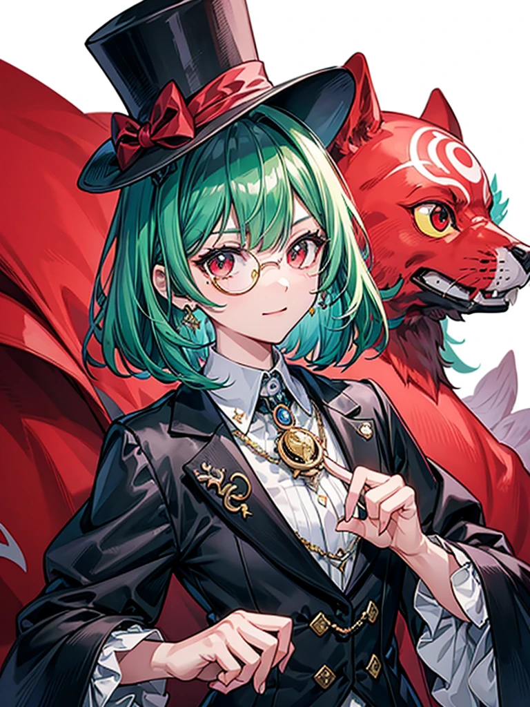(((masterpiece、Highest image quality、highest quality、highly detailed unity 8kwallpaper)))、((Illustration of one girl、upper body))、(((beautiful girl)))、(Emerald green hair、sidelocks:1.2、red eyes)、(((crazy smile)))、monocle、pocket watch、(((Black top hat、tuxedo)))、grand library