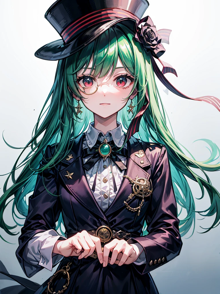 (((masterpiece、Highest image quality、highest quality、highly detailed unity 8kwallpaper)))、((Illustration of one girl、upper body))、(((beautiful girl)))、(Emerald green hair、sidelocks:1.2、red eyes)、(((crazy smile)))、monocle、pocket watch、(((Black top hat、tuxedo)))、grand library