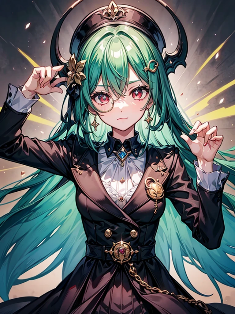 (((masterpiece、Highest image quality、highest quality、highly detailed unity 8kwallpaper)))、((Illustration of one girl、upper body))、(((beautiful girl)))、(Emerald green hair、sidelocks:1.2、red eyes)、(((crazy smile)))、monocle、pocket watch、(((Black top hat、tuxedo)))、grand library