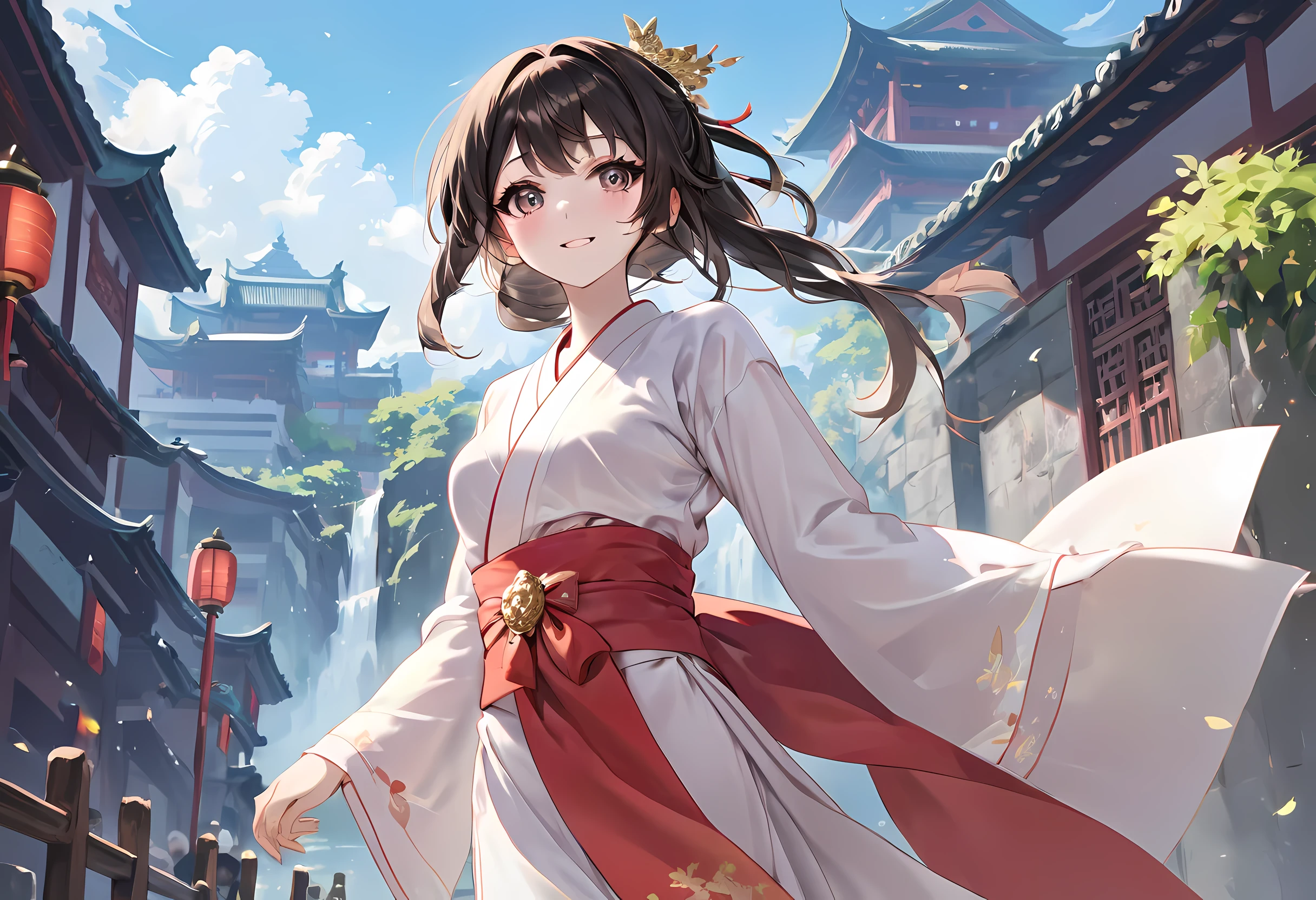 (best quality,masterpiece:1.2),(perfect face:1.5),(Bright Eyes:1.3),Animation scene of a beautiful girl wearing Hanfu walking on a busy street,smiling,(Palace and majestic tower atop the waterfall),(low angle shot:1.4),Taoist,(Detailed Hanfu:1.3),guweiz style artwork, Anime Fantasy Illustration, 2.5d cgi anime fantasy artwork, anime fantasy artwork, anime art wallpaper 4k, anime art wallpaper 4k, anime style 4k, Chinese fantasy, fantasy art style, A beautiful artistic illustration, Anime Fantasy Illustration, beautiful fantasy art,full view