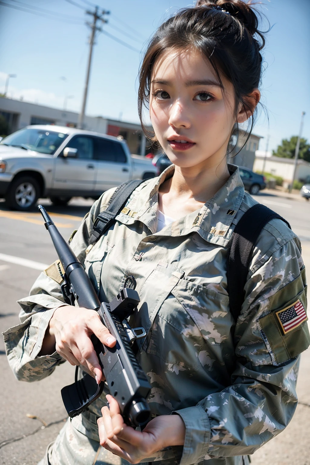 ((best quality)), ((masterpiece)), (detailed), perfect faceImmersed beautiful girl in the intensity of duty: Witness the power and precision of this realistic AI portrayal capturing a female soldier in action. (RAQ photos, ultra-realistic, (masterpiece), The images are realistic in capturing the image of a very beautiful female soldier, a Japanese girl, with a perfect figure, the picture has three detailed patterns, full body with a six pack, performing her duties. holding weapons of war Beautiful female soldier with a gun and a helmet, infantry girl, military girl, soldier girl, beautiful female soldier, airsoft cqb, ready for combat, wearing tactical gear, closeup portrait shot, m4 sopmod ii girls frontline, cinematic shot ar 9:16 -n 6 -g, military photography, of a sniper girl in war, portrait shot