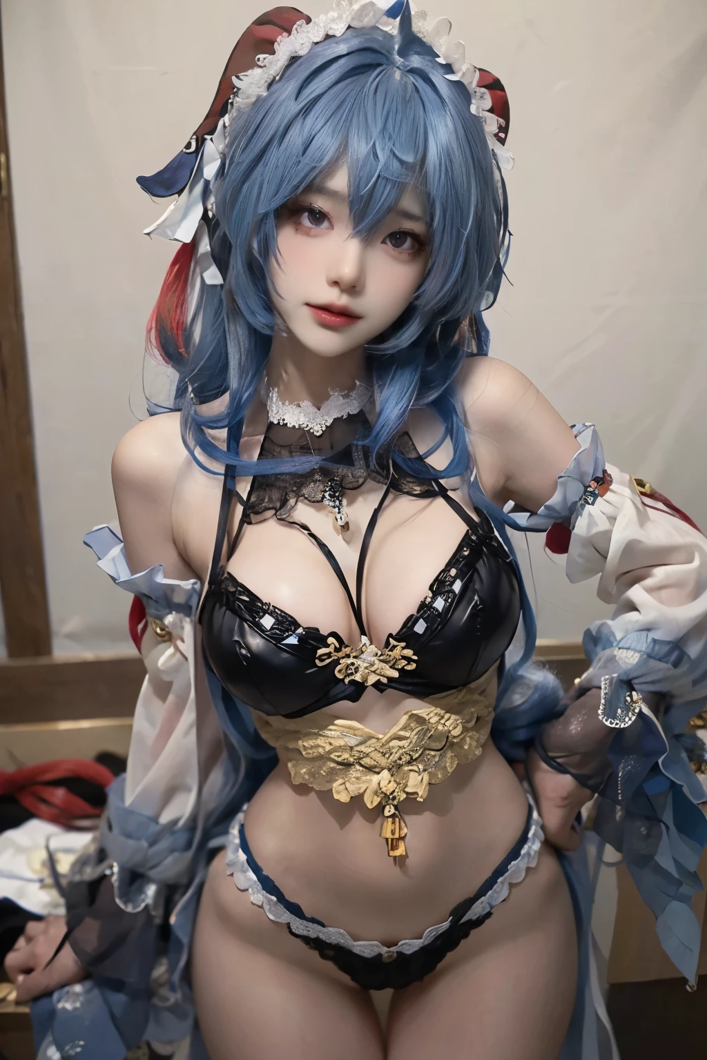 ((best quality)), ((masterpiece)), (detailed), Perfect face, perfect body, perfect skin, Ganyu from genshin impact, blue hair, facing the camera, fully naked, fully nude, hourglass figure, perfect tits, perky tits, pussy, sexy facial expression