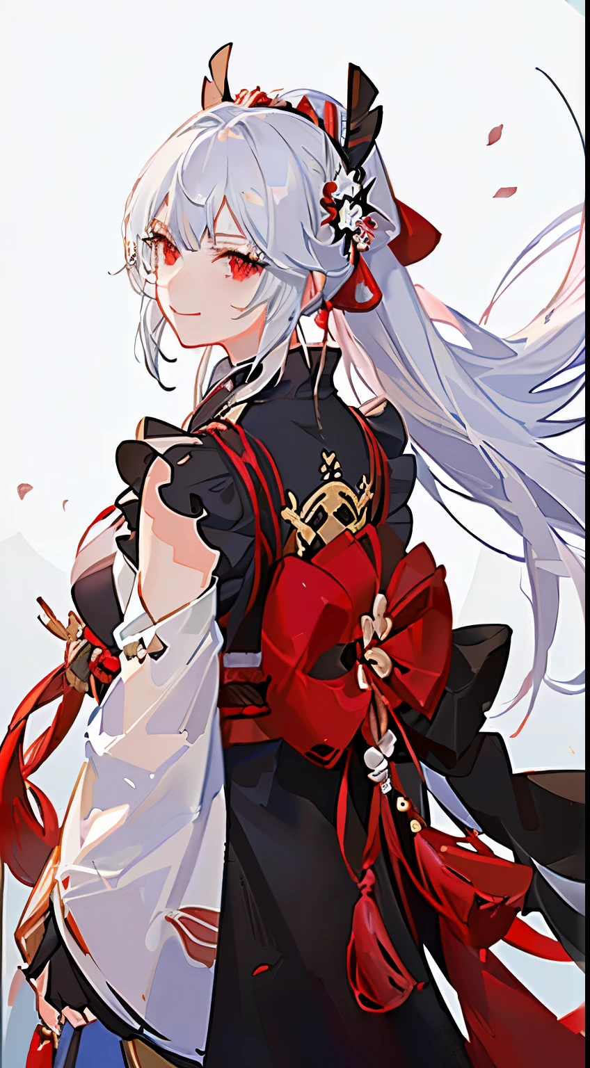 young girl, long white hair, high ponytail, Red eyes, blue sleeveless samurai kimono, smile, masterpiece, High quality