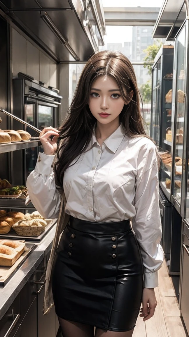 anime girl in , The inside of a vintage bakery, with antique brass scales, a chalkboard menu listing today's specialties, and a red-headed woman wear ribbed shirt, pencil skirt, selecting a crusty baguette from a display filled with an assortment of artisan breads best anime 4k konachan wallpaper, fine details. girls frontline, lolish, from girls frontline, from the azur lane videogame, nightcore, azur lane style, cute anime waifu in a nice dress, perfect white haired girl, seductive anime girl, smooth anime cg art