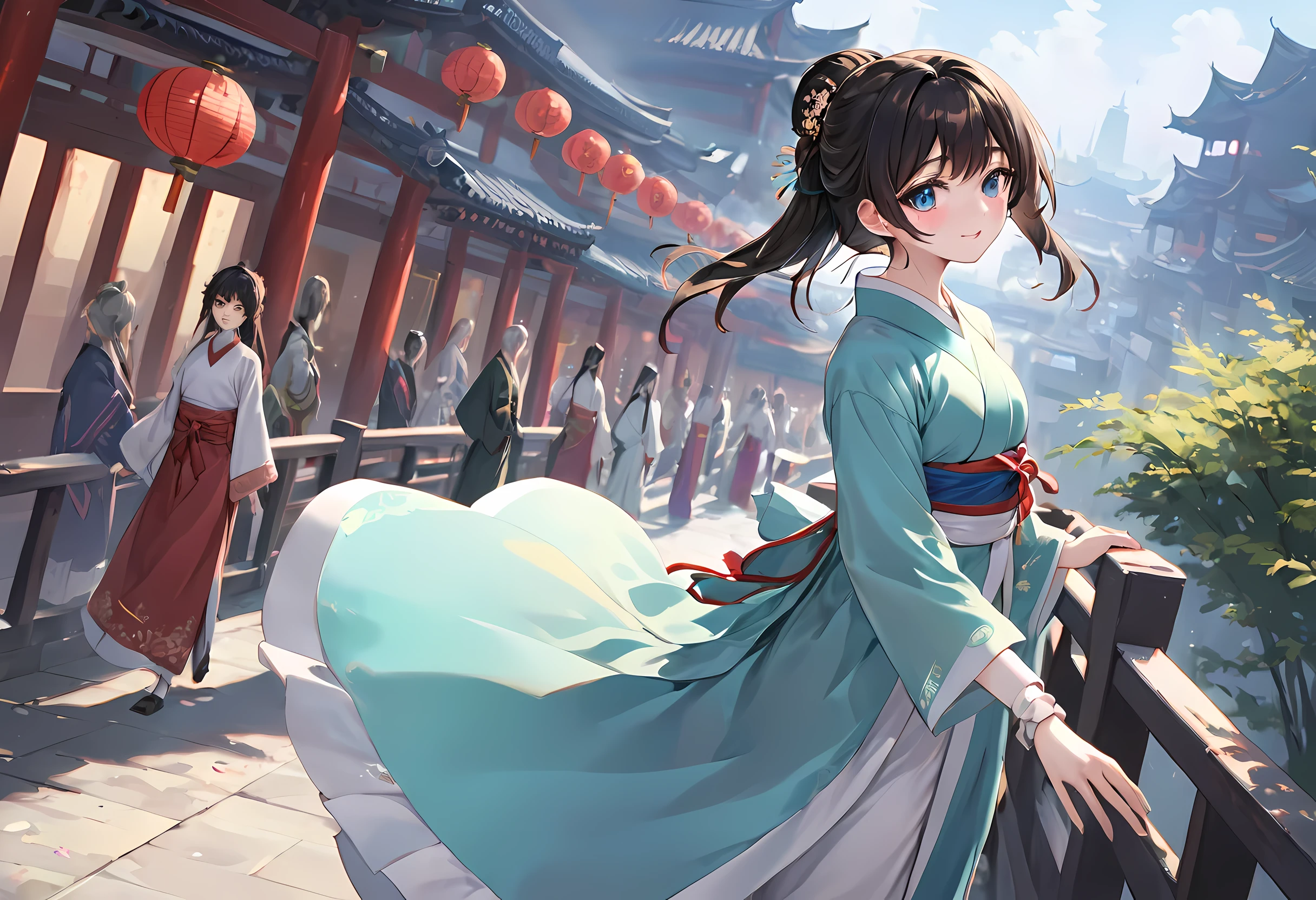 (best quality,masterpiece:1.2),(perfect face:1.5),(Bright Eyes:1.3),Animation scene of a beautiful girl wearing Hanfu walking on a busy street,smiling,(Palace and majestic tower atop the waterfall),(low angle shot:1.4),Taoist,(Detailed Hanfu:1.3),guweiz style artwork, Anime Fantasy Illustration, 2.5d cgi anime fantasy artwork, anime fantasy artwork, anime art wallpaper 4k, anime art wallpaper 4k, anime style 4k, Chinese fantasy, fantasy art style, A beautiful artistic illustration, Anime Fantasy Illustration, beautiful fantasy art,long shot