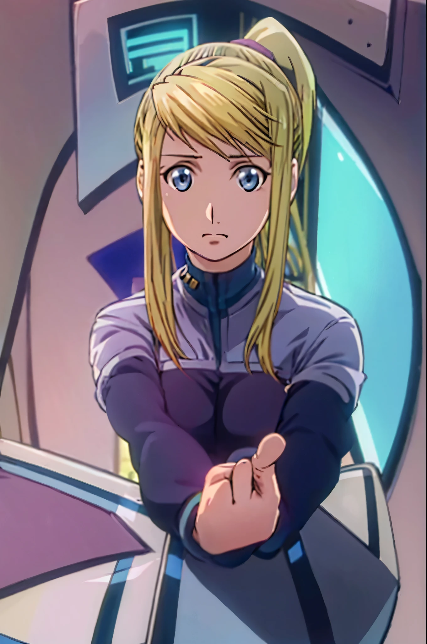 masterpiece, best quality, illustration, 1girl, solo, looking at viewer, upper body, , anime coloring, , winry_rockbell, blonde hair, blue eyes, ponytail ds9st uniform