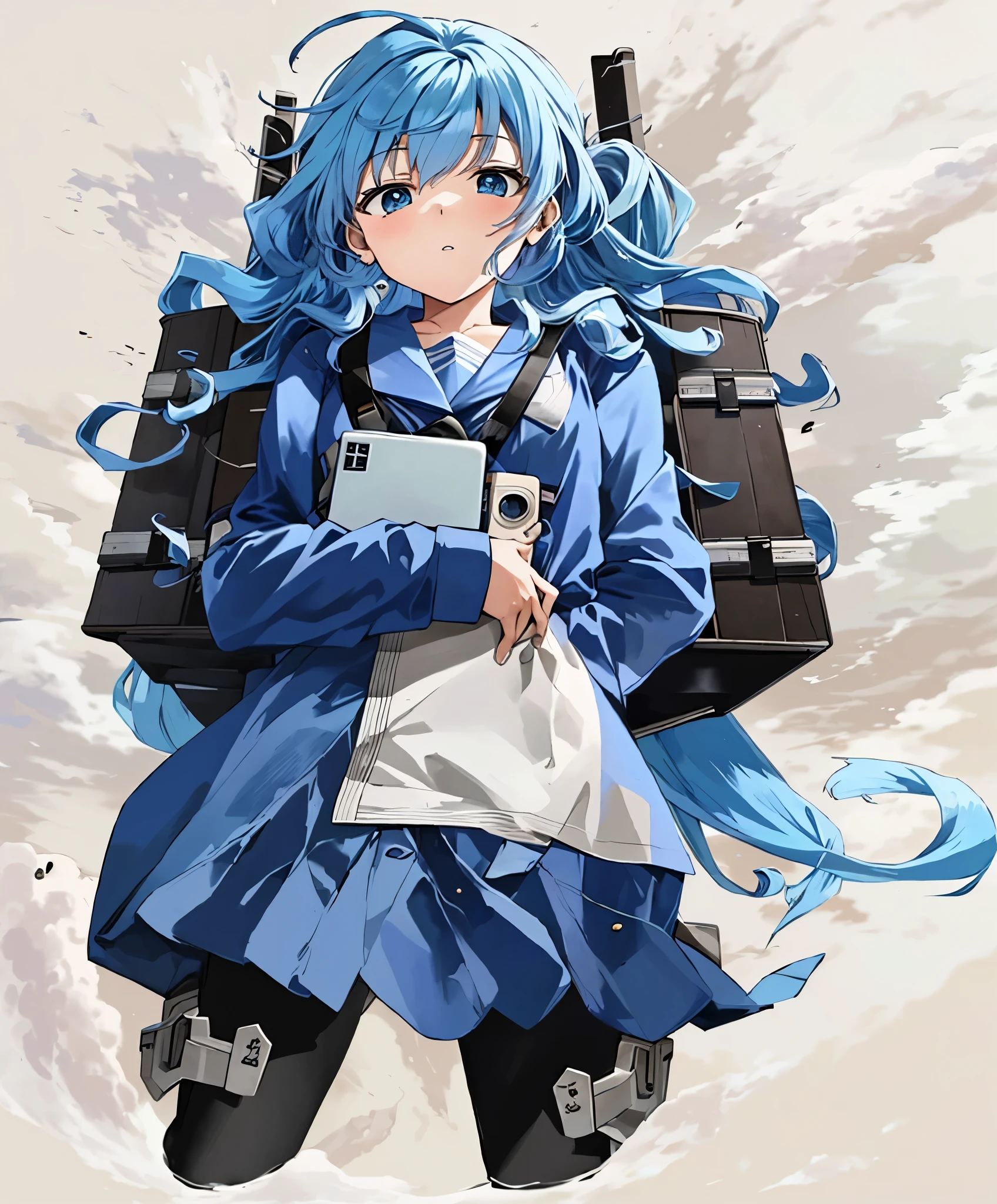 anime girl with blue hair and a backpack on her back, Kantai Collection Style, anime moe art style, young anime girl, beautiful anime high school girl, 2D anime style, (anime girl), Cute girl anime visual, High quality anime art style, anime girl with long hair, anime girl, an anime girl, anime style 4k, cute anime girl, eyes like jewels, hold the tablet in the right hand