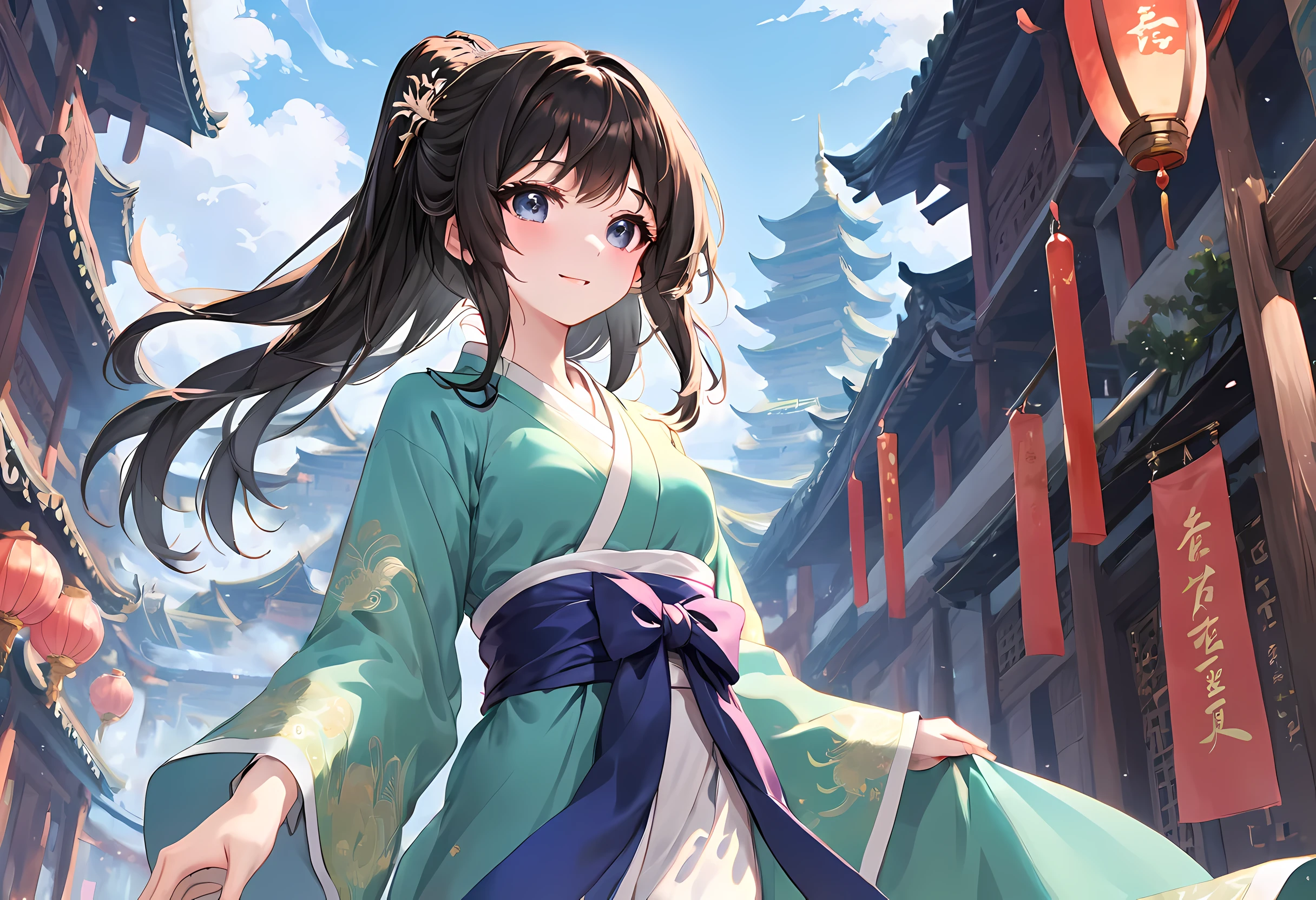 (best quality,masterpiece:1.2),(perfect face:1.5),(Bright Eyes:1.3),Animation scene of a beautiful girl wearing Hanfu walking on a busy street,smiling,(Palace and majestic tower atop the waterfall),(low angle shot:1.4),Taoist,(Detailed Hanfu:1.3),guweiz style artwork, Anime Fantasy Illustration, 2.5d cgi anime fantasy artwork, anime fantasy artwork, anime art wallpaper 4k, anime art wallpaper 4k, anime style 4k, Chinese fantasy, fantasy art style, A beautiful artistic illustration, Anime Fantasy Illustration, beautiful fantasy art,long shot