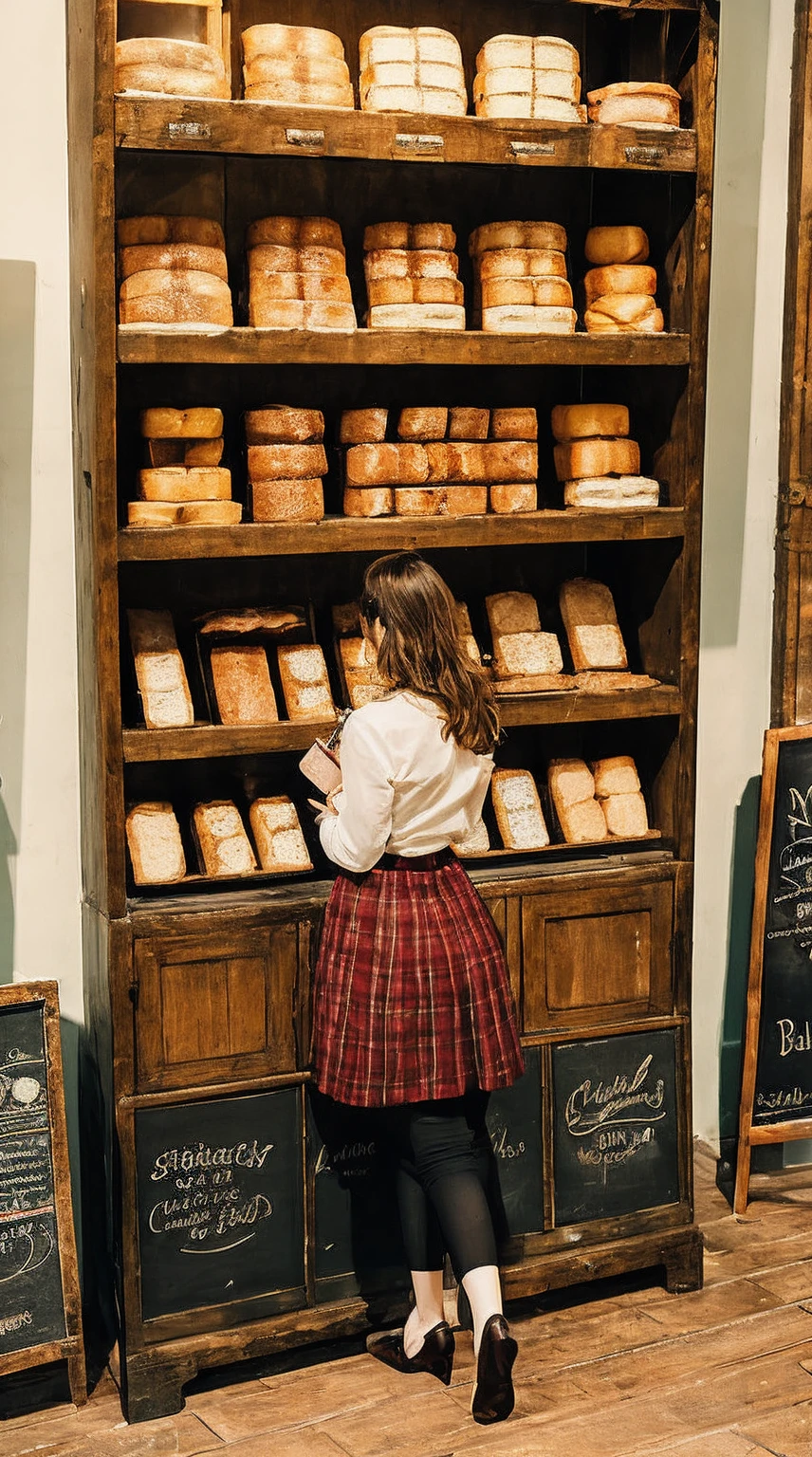 The inside of a vintage bakery, with antique brass scales, a chalkboard menu listing today's specialties, and a red-headed woman wear ribbed shirt, pencil skirt, selecting a crusty baguette from a display filled with an assortment of artisan breads