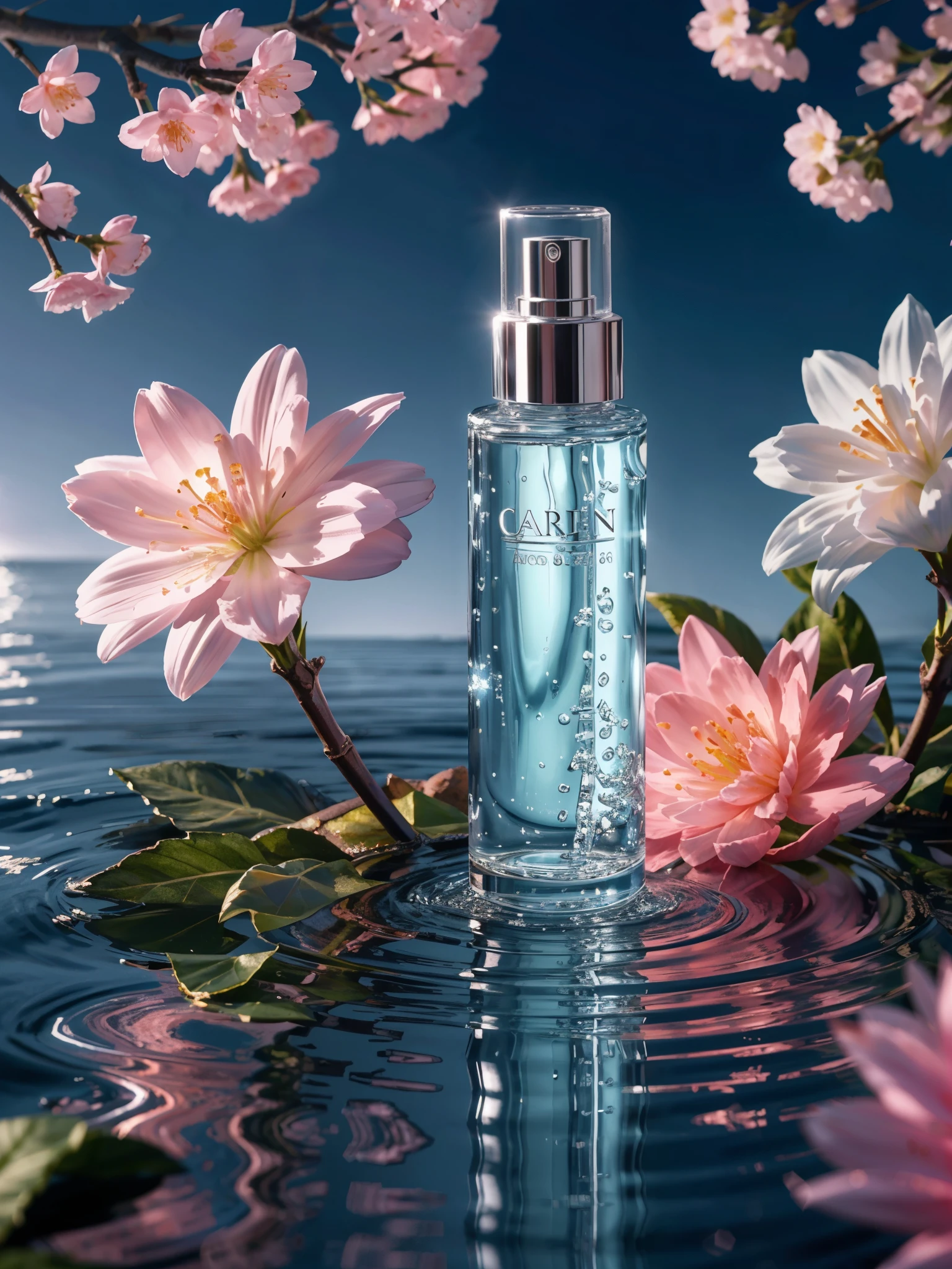 BEST QUALITY, 4K, 8K, HIGH RESOLUTION, MASTERPIECE, ULTRA-DETAILED, PHOTOREALISTIC, BLENDER, MAKEUP BOTTLE, CHERRY BLOSSOM WRAPPED AROUND, BLUE SKY BACKGROUND, WATER, SUNLIGHT, LOW PERSPECTIVE, PRODUCT RENDERING