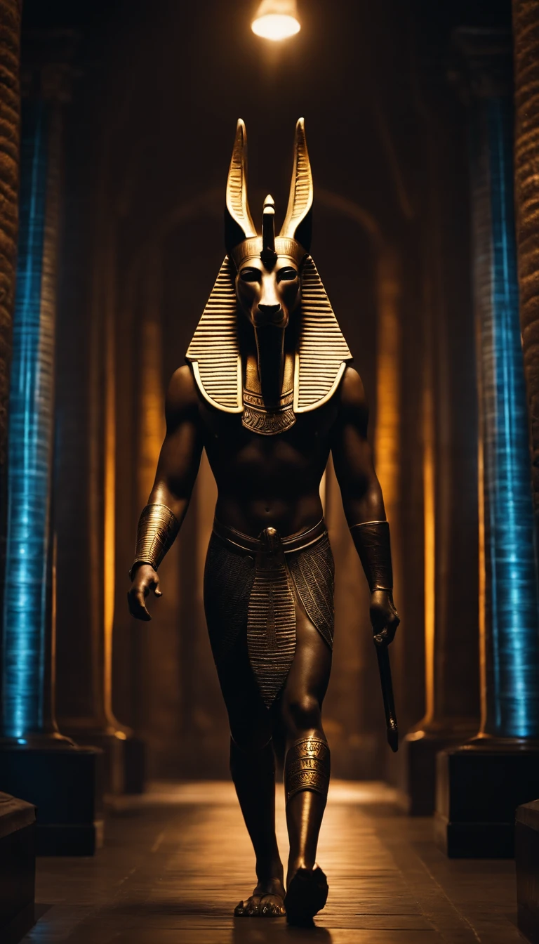 Egyptian god Anubis walking in the&#39;Egypte ancienne, , ankh dans sa main du dieu, fond noir, neon light 