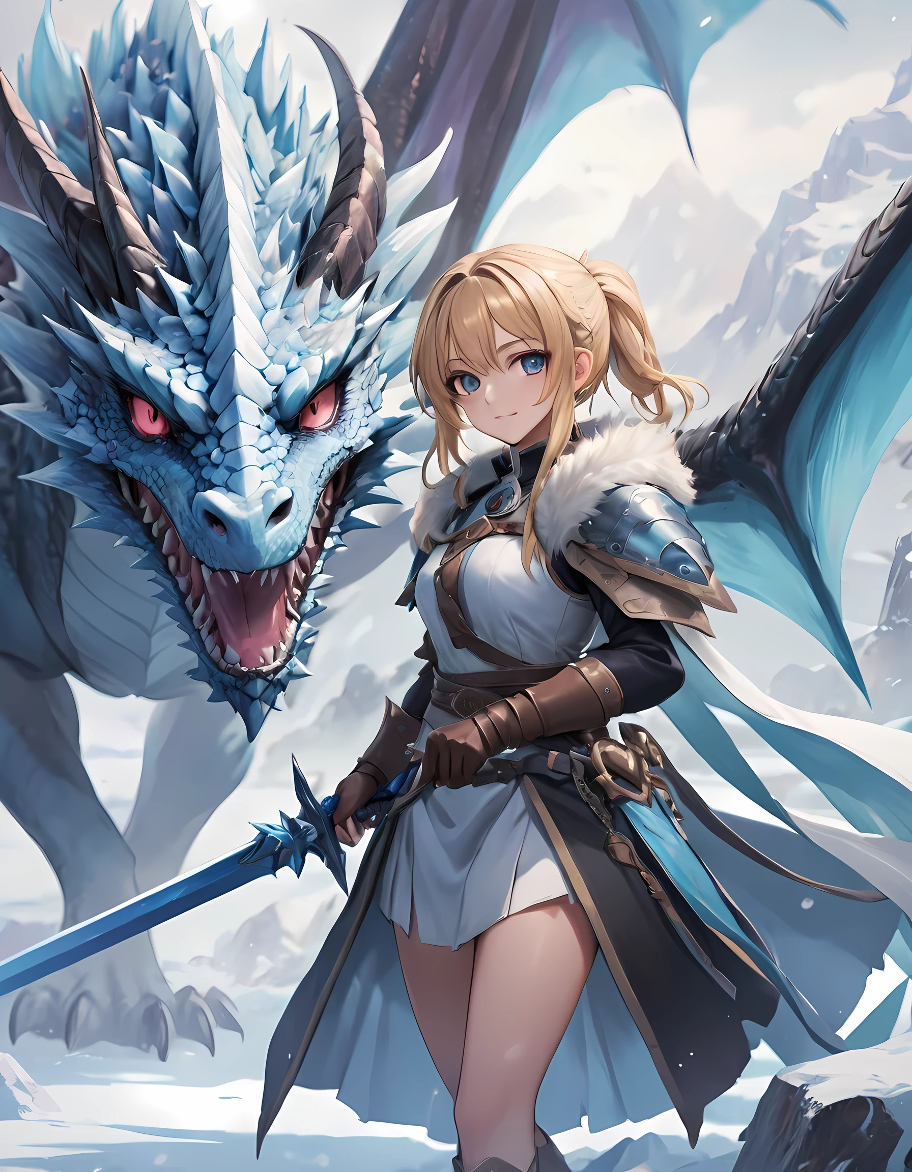 best quality,masterpiece,(Very detailed:1.2),(perfect face:1.3),Beautiful girl holding frost sword, with ice dragon,Valkyrie in the Art of Demon-Slaying,High-quality animation illustrations,Human and dragon fusion, Anime Fantasy Illustration, fantasy style anime, (giant ice dragon),dragon god,Epic Anime Fantasy, anime fantasy artwork, (Artoria Pendragon), Demon Slayer: Rui fan art, Detailed digital animation art, Digital animation illustration, Detailed key animation art, Epic light novel art cover, Detailed anime art, Caricature wallpaper, dragon girl, epic anime style, 2.5D CGI Art,granblue fantasy,Ark Night