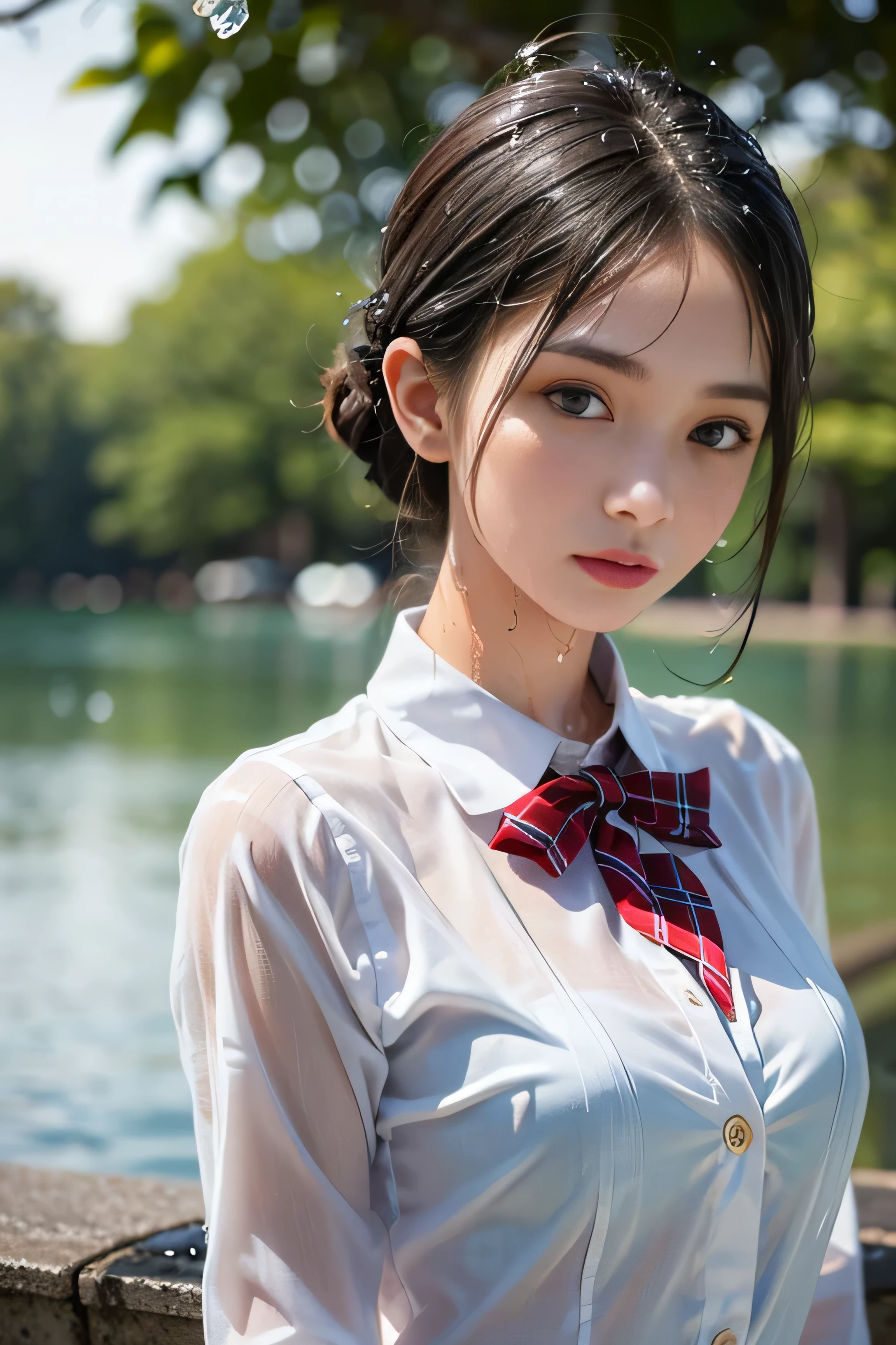 ((High school girl walking in a park by the lake))、((Wet translucent white blouse、red bowtie、Dark blue checked skirt)). 40k, Photography, masutepiece, Best Quality, dark grey background, ((1 Girl with beautiful eyes brown light wet short hair, . White skin, Poses variadas.((breasts of medium size,:1.1)), Best Quality, masutepiece, Ultra high definition, (Photorealistic:1.4), Raw photo, (perfect body type), (slim:1.3), Slim abdomen, Perfect slim figure, dynamicposes, (((Full-figured :0.9))), Solo, Cold Light 12000K, Highly detailed facial and skin texture, Detailed eyes, Realistic eyes, Beautiful detailed eyes, (Realistic skin), Attractive, 超A high resolution, A hyper-realistic, Highly detailed,((she is soaking wet)),