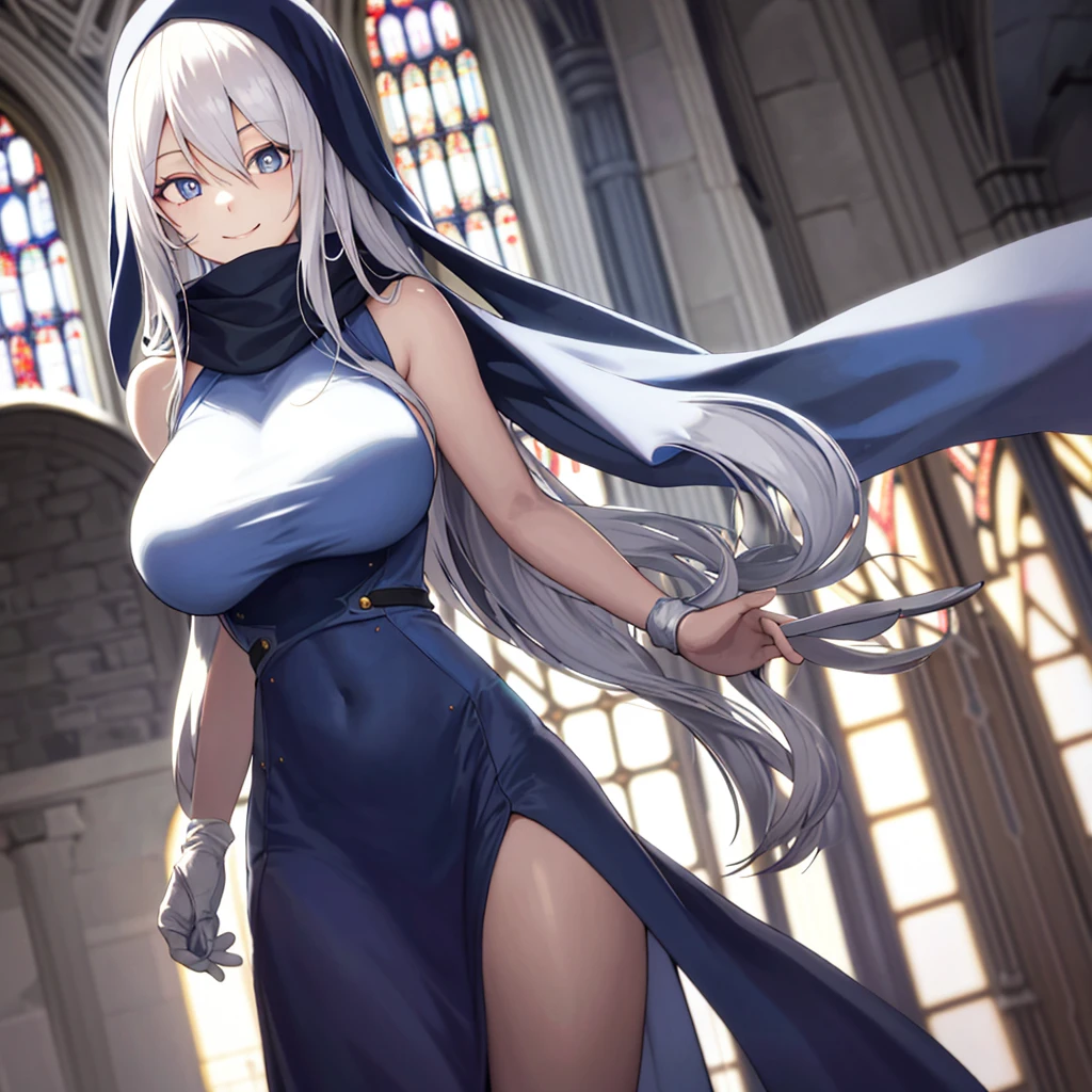 church,a girl,platinum long hair,Blue pupils,scarf,Split Sister Dress,Smile,Half open eyes,beautiful skin,glowing skin,Big breasts,moody lighting,sunny,8k,Ultra-detailed,masterpiece