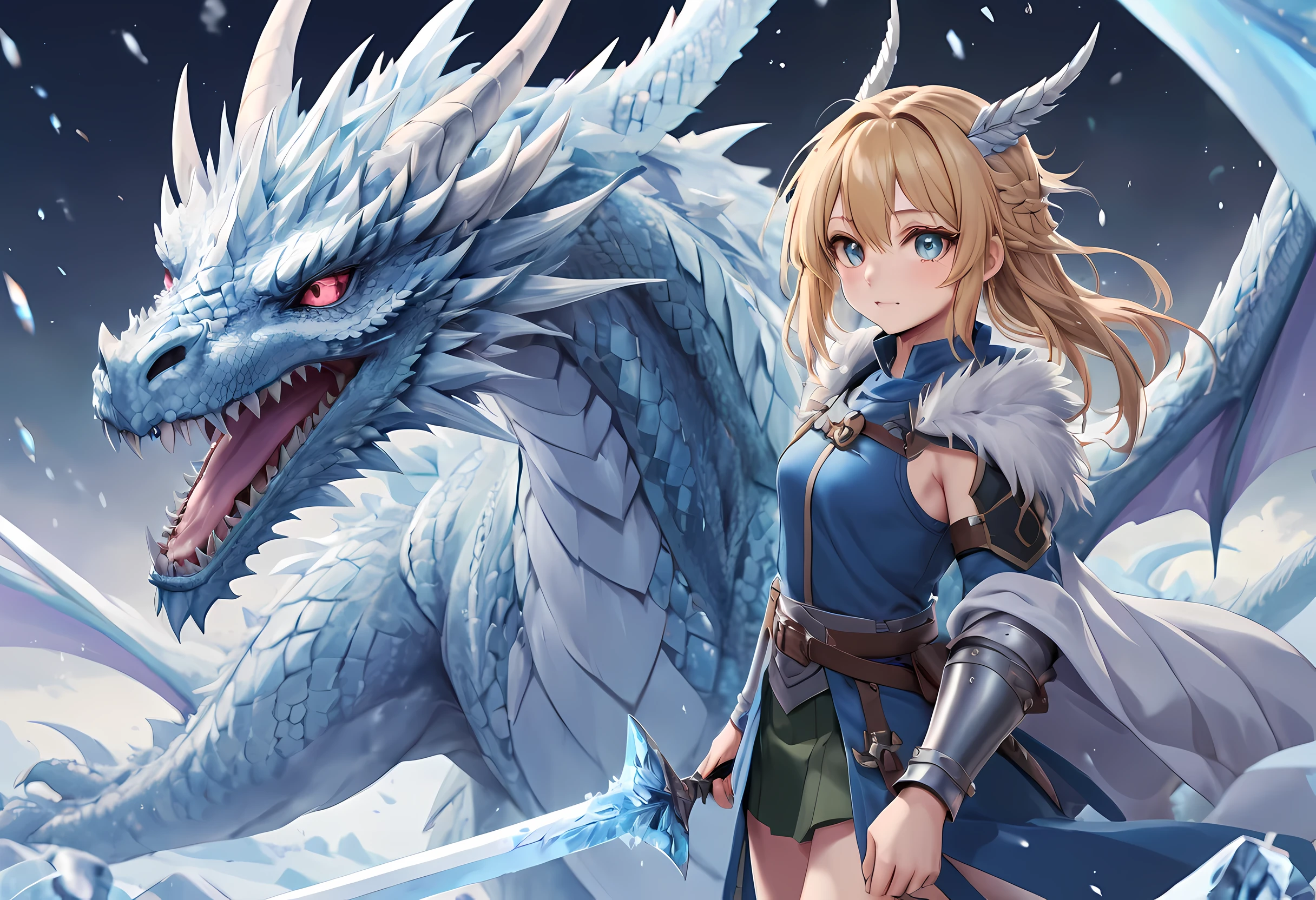 best quality,masterpiece,(Very detailed:1.2),(perfect face:1.3),Beautiful girl holding frost sword, with ice dragon,Valkyrie in the Art of Demon-Slaying,High-quality animation illustrations,Human and dragon fusion, Anime Fantasy Illustration, fantasy style anime, (giant ice dragon),dragon god,Epic Anime Fantasy, anime fantasy artwork, (Artoria Pendragon), Demon Slayer: Rui fan art, Detailed digital animation art, Digital animation illustration, Detailed key animation art, Epic light novel art cover, Detailed anime art, Caricature wallpaper, dragon girl, epic anime style, 2.5D CGI Art,granblue fantasy,Ark Night