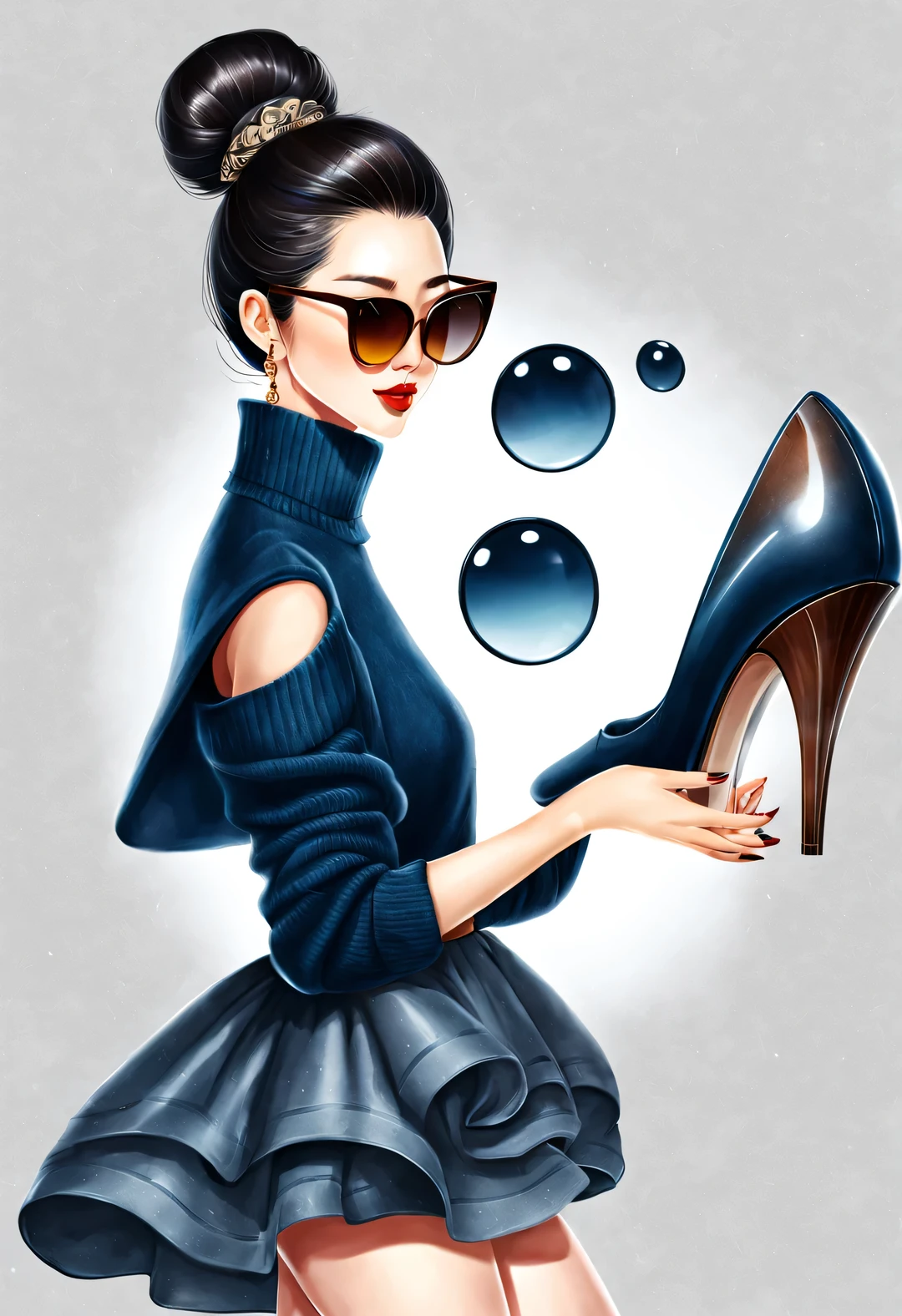 (role conception), (Half-length close-up), (Beautiful Chinese girl waving high heels: 1.3), (Wearing large sunglasses,Tied in a bun: 1.2), Harmonious combination of classic and modern, An elegant combination of dark blue and brown, Highlight the retro charm while maintaining a sense of fashion. sweater, jeans, scarf, jacket, Elegance, Girl fair and flawless smooth skin, high nose bridge, Raised pose, sad yet beautiful, slender figure, Exquisite facial features,
swirling fog illustration, ink painting, black hair, a ball head, Proud, Surrealism, contemporary art photography, action painting illustration, abstract expressionism, Pixar, depth of field, motion blur, backlight, radiation, decline, Head up angle, Sony FE General Manager, ultra high definition, masterpiece, accurate, textured skin, Super details, high detail, high quality, Award-winning, best quality, Level, 16k, Photographed from a bottom-up perspective,
