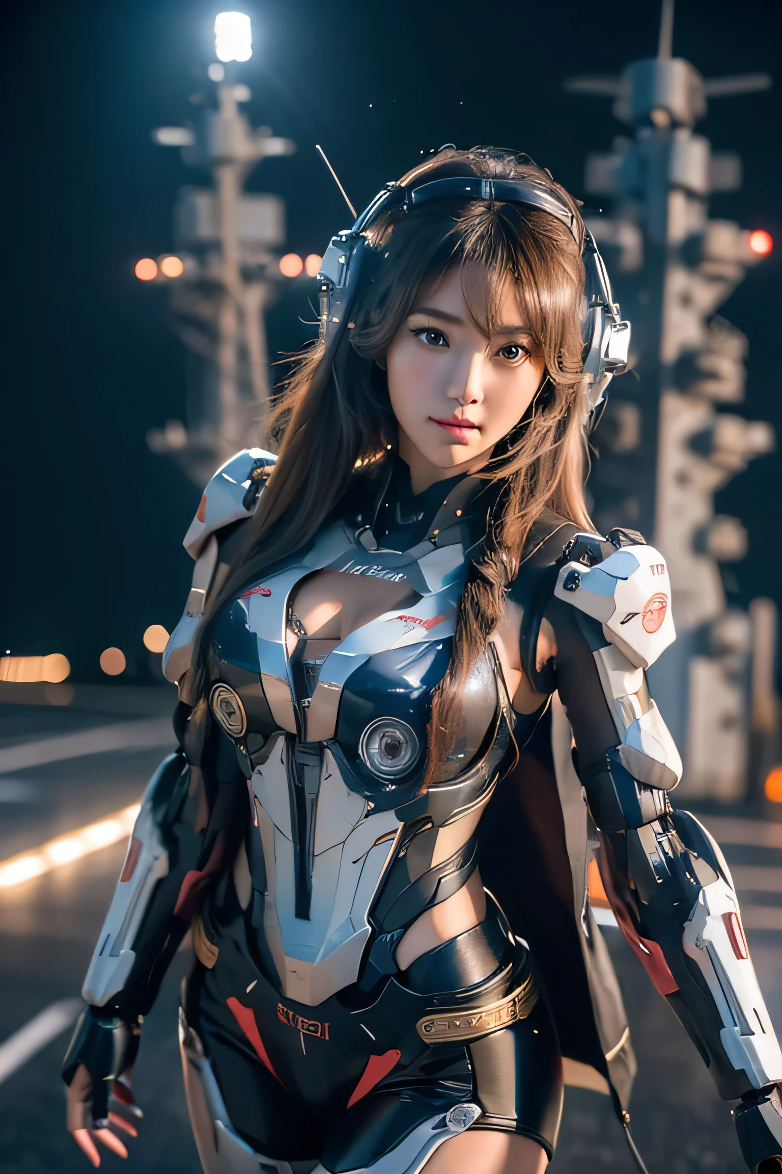 (masterpiece:1.2), Super detailed, ultra high resolution, (realistic, photo realistic:1.37), High-definition RAW color photos, professional photos, highly detailed face, very fine eyes, highly detailed skin, very fine fingers, highly detailed nose, highly detailed mouth, perfect anatomy, highly detailed background, (famous japanese actress:1.2), (Improve:1.2), (flat chest), brown race, black skin, (full_body:0.7), (Mecha clothes:1.3), robot girl, lightning effect, Mecha, (aircraft carrier flight deck:1.3),
