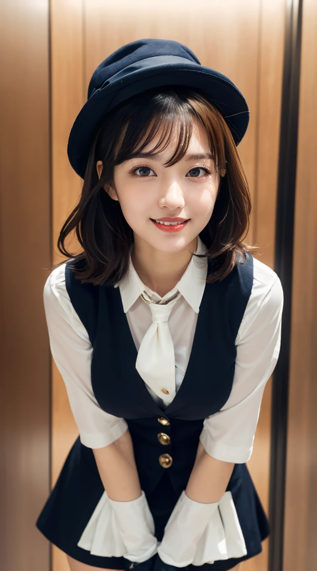 (((full body,including legs)))、(((perfect uniform of Japanese eletator operator, blue striped necktie, vest-dress uniform、small hat, white formal short gloves,(black high-heel), elavator operator,日本のエレベーターガール、little smile,white blouse,tight blouse)))、(((navy bowler hat),navy hat)), white gloves, short gloves, high heel、Dressed up、(Photo real:1.4)、(A hyper-realistic:1.4)、(Photorealistic:1.3)、 (gentle lighting: 1.05)、(Improve the lighting quality of your video:0.9)、32k、 1Girl、28years old girl、photorealistic lighting、Back lighting、Facial Lights、Ray Trace、(bright:1.2)、(Increase quality:1.4)、 (best quality real texture skin)、Fair eyes,Delicate and delicate face, Close-up of the breasts, white blouse,tight blouse,tight vest-dress uniform, (Bodyline mood improvement:1.1)、goofigure,Glossy skin、wavy hair,blonde hair,韓国アイドル、乃木坂アイドル、Sculptural Idol Pose、little smile,blush,Beautiful actress、Neat woman,whole body, (((midium breasts,beautiful breasts))),(perfect row of teeth),slender waist and hip,beautiful long legs,full shot)、((8heads tall)、(((誘惑している、恥ずかしい)))、dynamic pose,gravure pose,(eye shadow),((red cheek、red lips)),Super Clean Night View、night time、blush,little smile,(((full shot)))、(((in the big luxury elevator、The elevator interior in the background is luxurious, with mirrors and polished wood, and the lighting is soft and warm))),