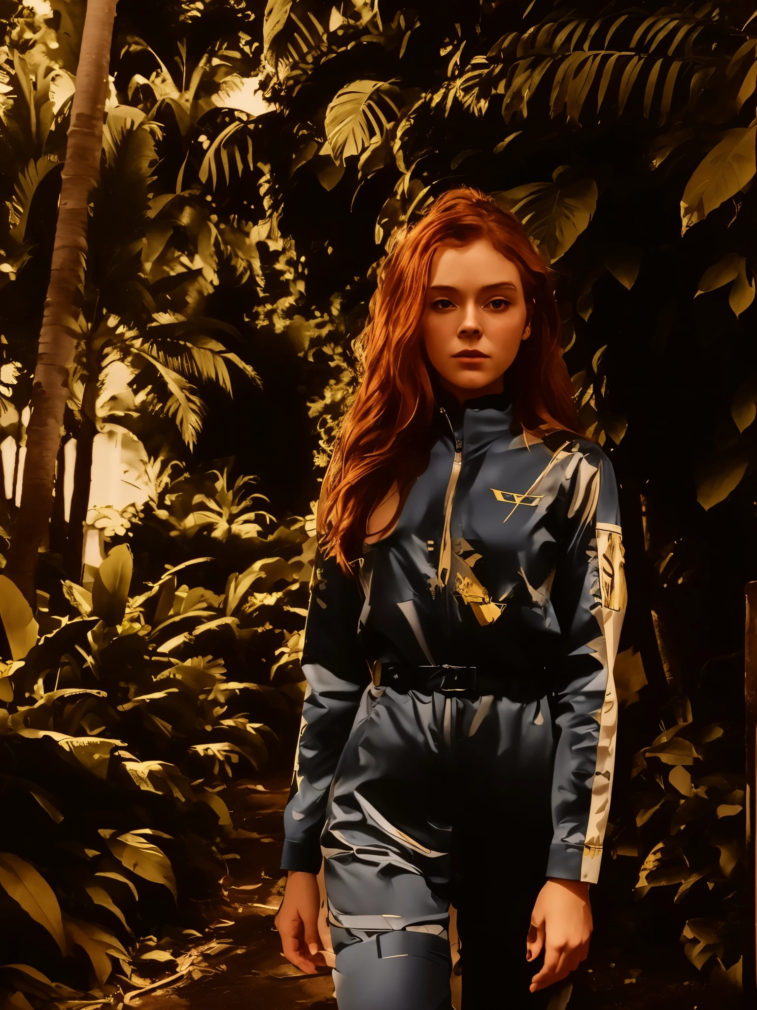 there is a woman in a blue and yellow suit walking down a path, sadie sink, wearing a track suit
