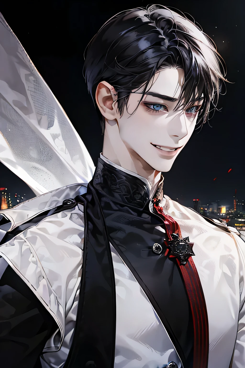 young guy, (((Aggressive Smile))), (((same eyes))), (((Beautiful eyes))), shirt, gloves, ((Shoulder-length black hair)), trick, Hands in the frame