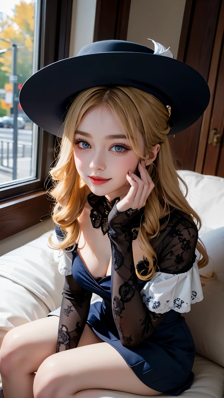 best quality, full body portrait, delicate face, pretty face, -yeld wo, slim figure, big bust, OL, office clothing, Navy blue, exterior, sitting position，blond，very long hair，curls， blue eyes，Nice hat，Wear white socks，Laughing happily