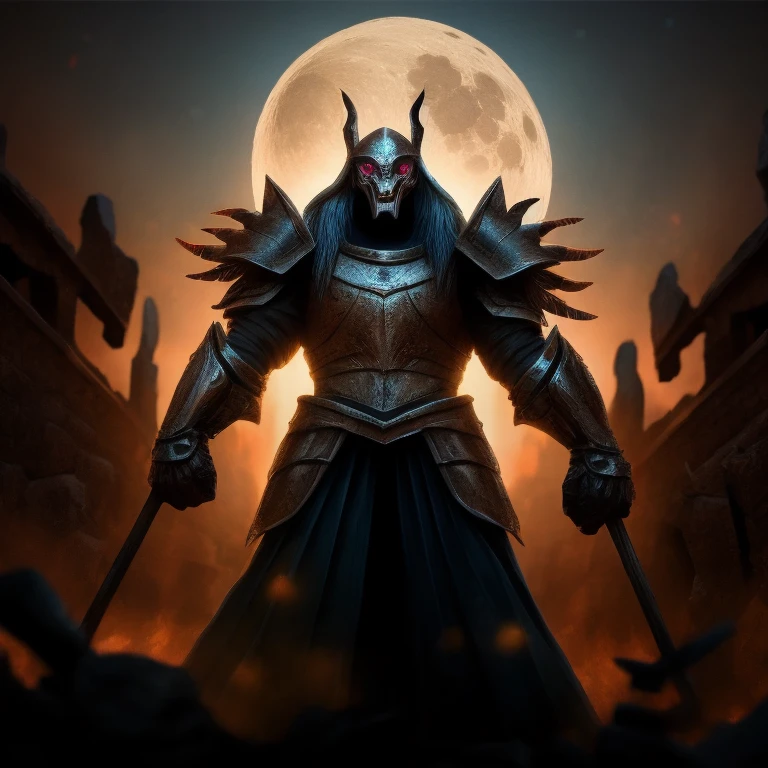 Aztec Native, solo, Moon Knight, anthropomorphic, (leaning on spear), temple ruins, night scene, full moon (rising behind), intricately designed armor, detailed feather headdress, fiery eyes, intense expression, epic atmosphere, (detailed shadow play), HDR, hyperrealistic, ancient artifacts surrounding, golden accents, precise shading, vignette, cinematic shot, bokeh background effect, (symbols and glyphs adorning body), UHD, high contrast, majestic presence.