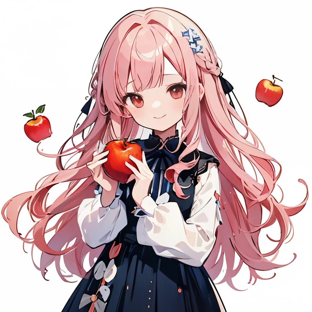 transparent watercolor、girl、Jewel Eyes、Beautiful arrangements and motifs、Depth of bounds written、flat avatar, 1girl, Smile, light pink hair((left and right braids、wavy hair)), leaves in hair、yellow object、hair with white tips, Fashionable Design Clothing((blue and white)),background white, Cute Girl、red eyes、light golden hair、Holding an apple in your hand、Black lace dress、apple next to face、hold up an apple