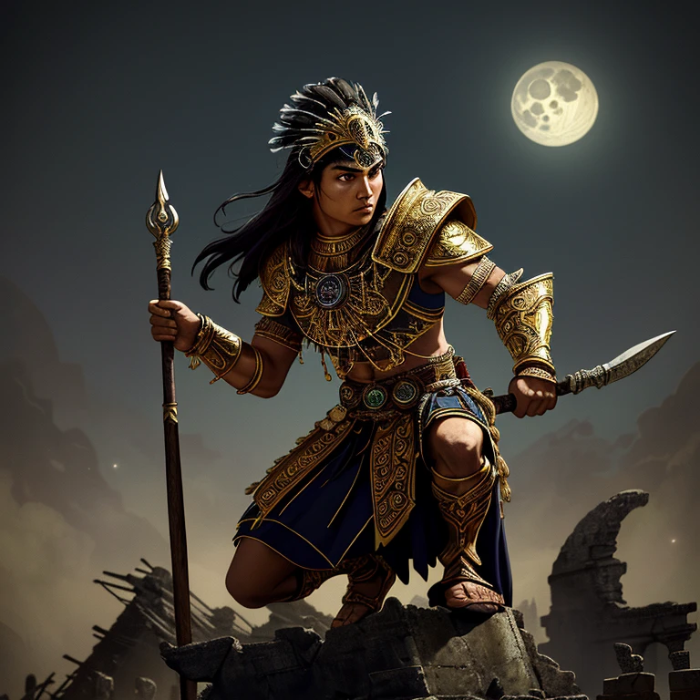 Aztec Native, solo, Moon Knight, anthropomorphic, (leaning on spear), temple ruins, night scene, full moon (rising behind), intricately designed armor, detailed feather headdress, fiery eyes, intense expression, epic atmosphere, (detailed shadow play), HDR, hyperrealistic, ancient artifacts surrounding, golden accents, precise shading, vignette, cinematic shot, bokeh background effect, (symbols and glyphs adorning body), UHD, high contrast, majestic presence.