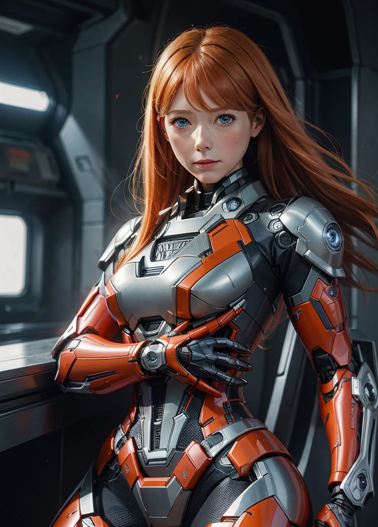 textured skin, Super details, high detail, high quality, best quality, high resolution, 1080P, harddisk, beautiful,(Pepper Potts),beautiful女人,mecha girl,Versus mode,Mecha girl,She wears the Pepper Potts Rescue Mecha