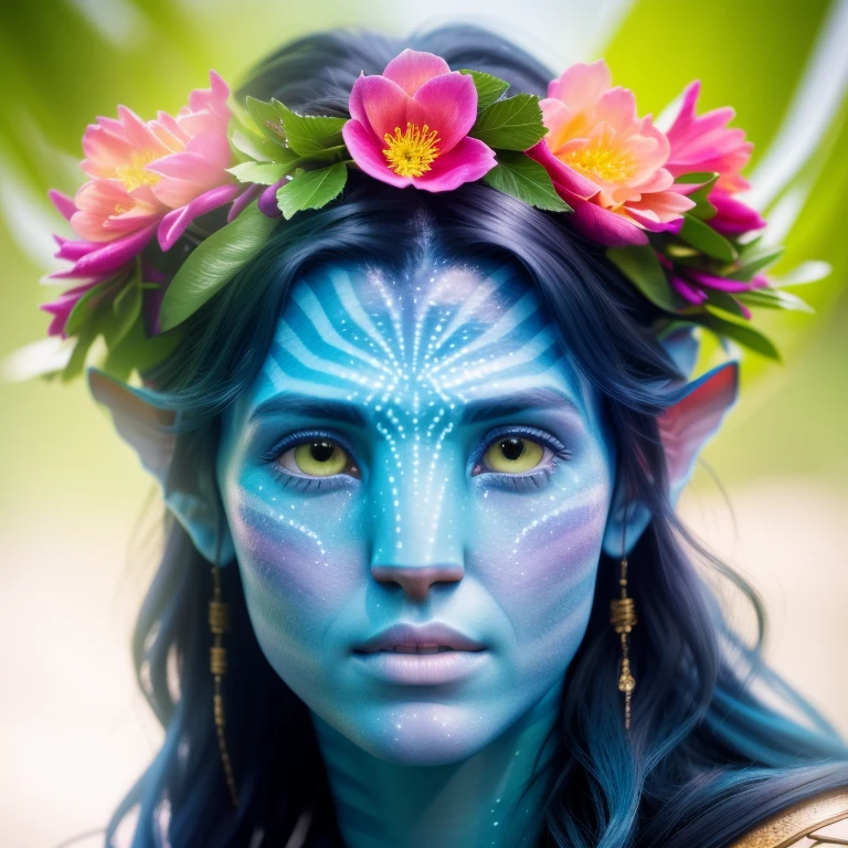 avtr:1.1, avatar style, portrait:1.6, 1girl, female, (blue skin tone:1.0), (long hair:1.0), one pair of pointy ears:1, long hairstyle, dark brown hair color, wearing a flower crown:1, 18 years old:1, face wrinkles, wearing tribal clothing, wearing a top, detailed eyes, toned body, muscled body, glowing, ethereal atmosphere, dreamy lighting, textured skin, otherworldly beauty, mesmerizing photography, (best quality, highres), ultrarealistic, skin details, striped skin, sfw, ultradetailed body