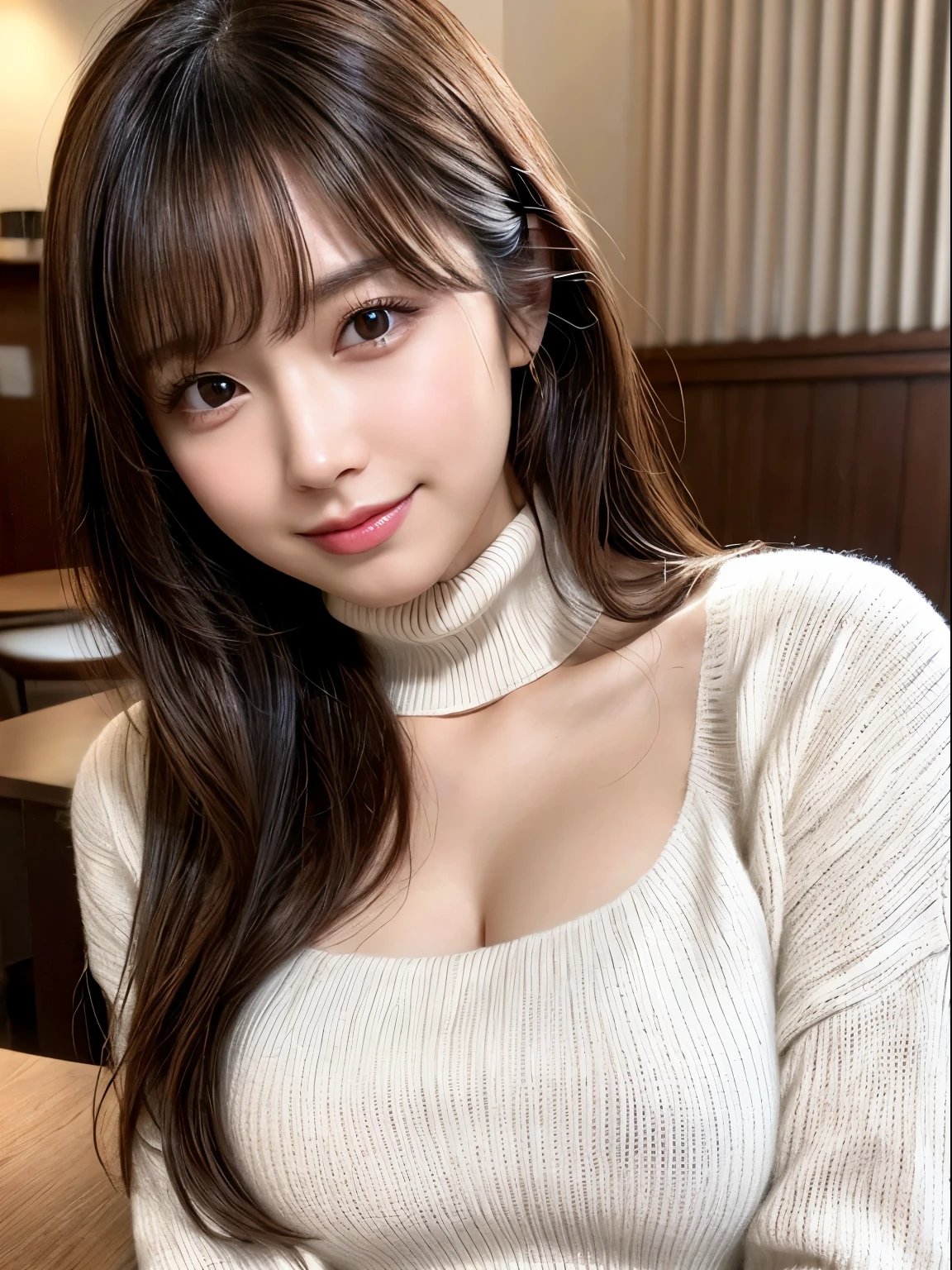 (8K, RAW photo, highest quality, masterpiece, very detailed:1.2),(realistic, photo-realistic:1.4), sharp focus, Bokeh, detailed 8K background, soft light, Sigma 85mmF/1.4.

very cute japanese idol, cute, (fine skin: 1.2), porcelain skin, white skin, very detailed face, brown eyes, smile, looking at the viewer, Medium size breasts, Virgin Killer Sweater, (sweater dress:1.2), ribbed sweater,side boob,cleavage cutout, turtleneck sweater,(white sweater:1.3),crop top navel, (chest on the table, tilting head:1.2)

Cafe, indoor